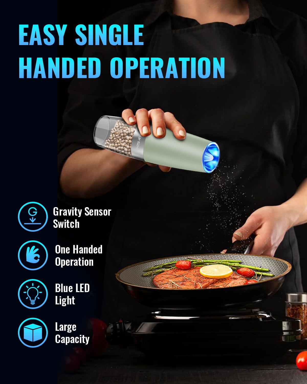 Gravity Electric Pepper and Salt Grinder Set, Salt and Pepper Mill & Adjustable Coarseness, Battery Powered with LED Light, One Hand Automatic Operation, Stainless Steel (Set/Silver)