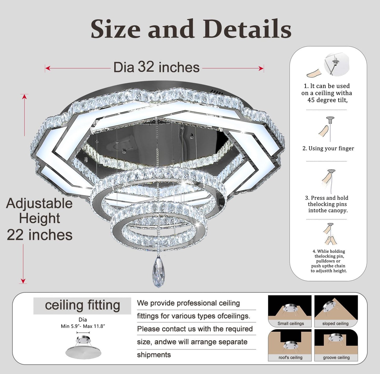 Flashing God Crystal Chandeliers Dia 32" Silver Elegant Chandelier Flush Mount Ceiling Light for Bedroom Living Room Dining Room Hallway Dimmable 3 Rings LED Celing Lighting Fixtures