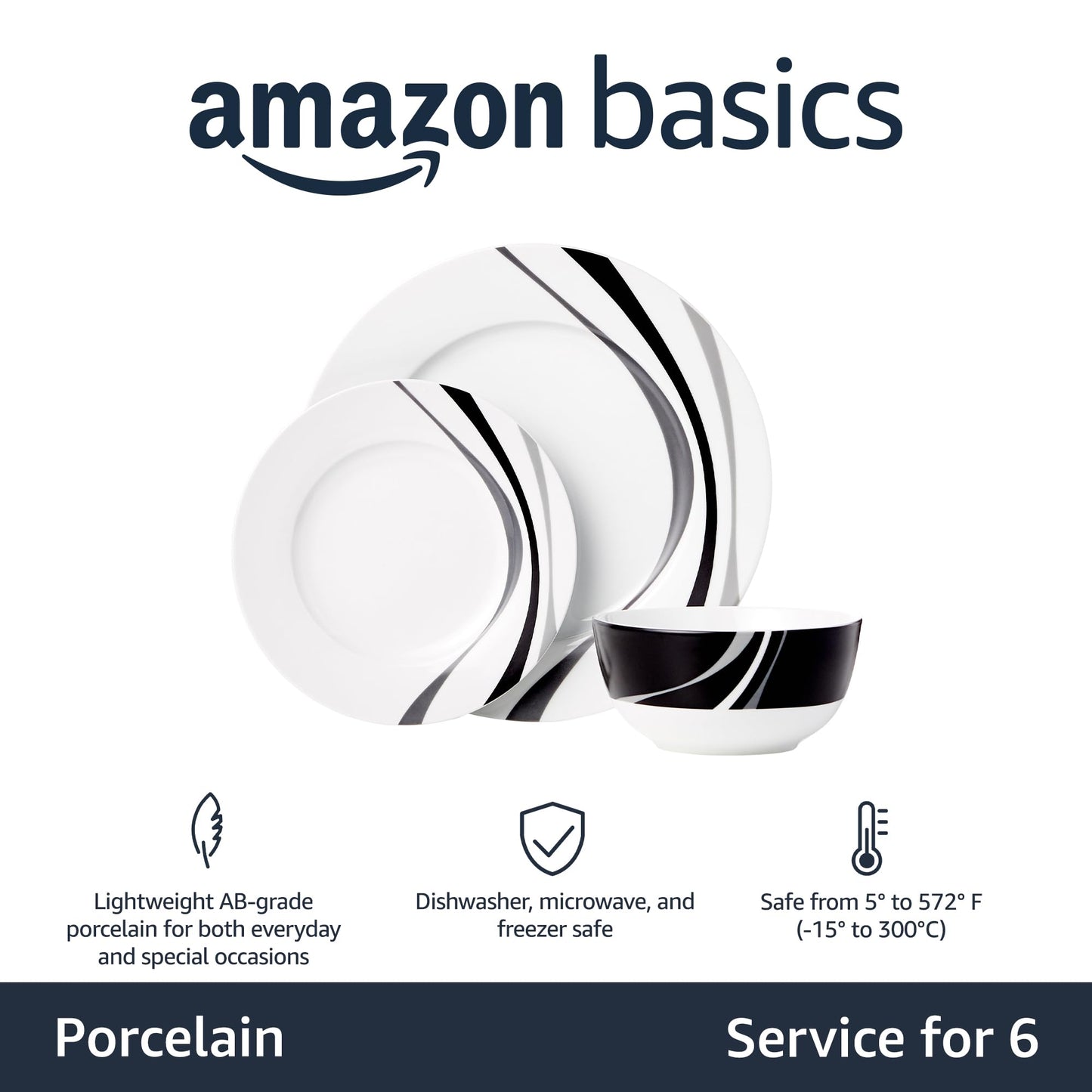 Amazon Basics 18-Piece Kitchen Dinnerware Set, Plates, Dishes, Bowls, Service for 6, White Porcelain Coupe