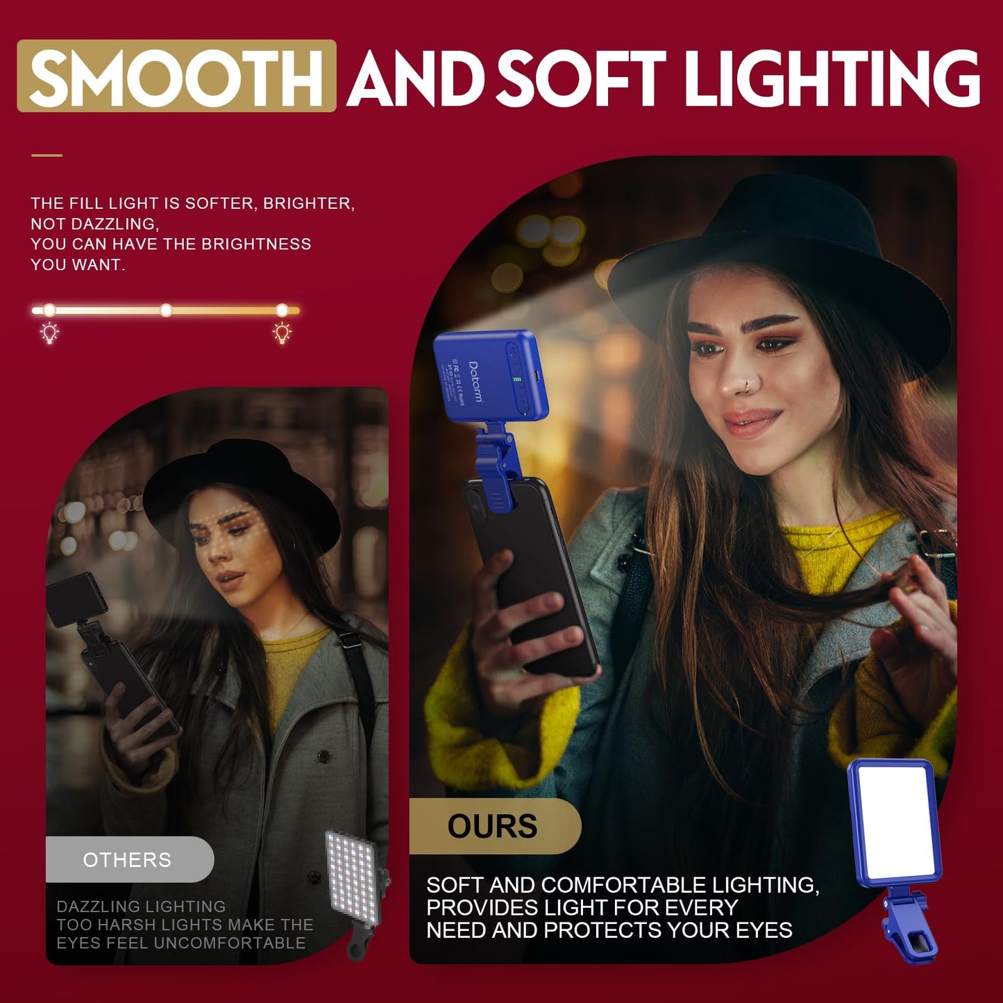 Rechargeable Soft Selfie Light for Phone, Camera, Laptop, 4-14H Battery Portable LED Light for Pictures, Phone Light Clip for Selfie, Vlog, TikTok, Makeup, Video Conference Black