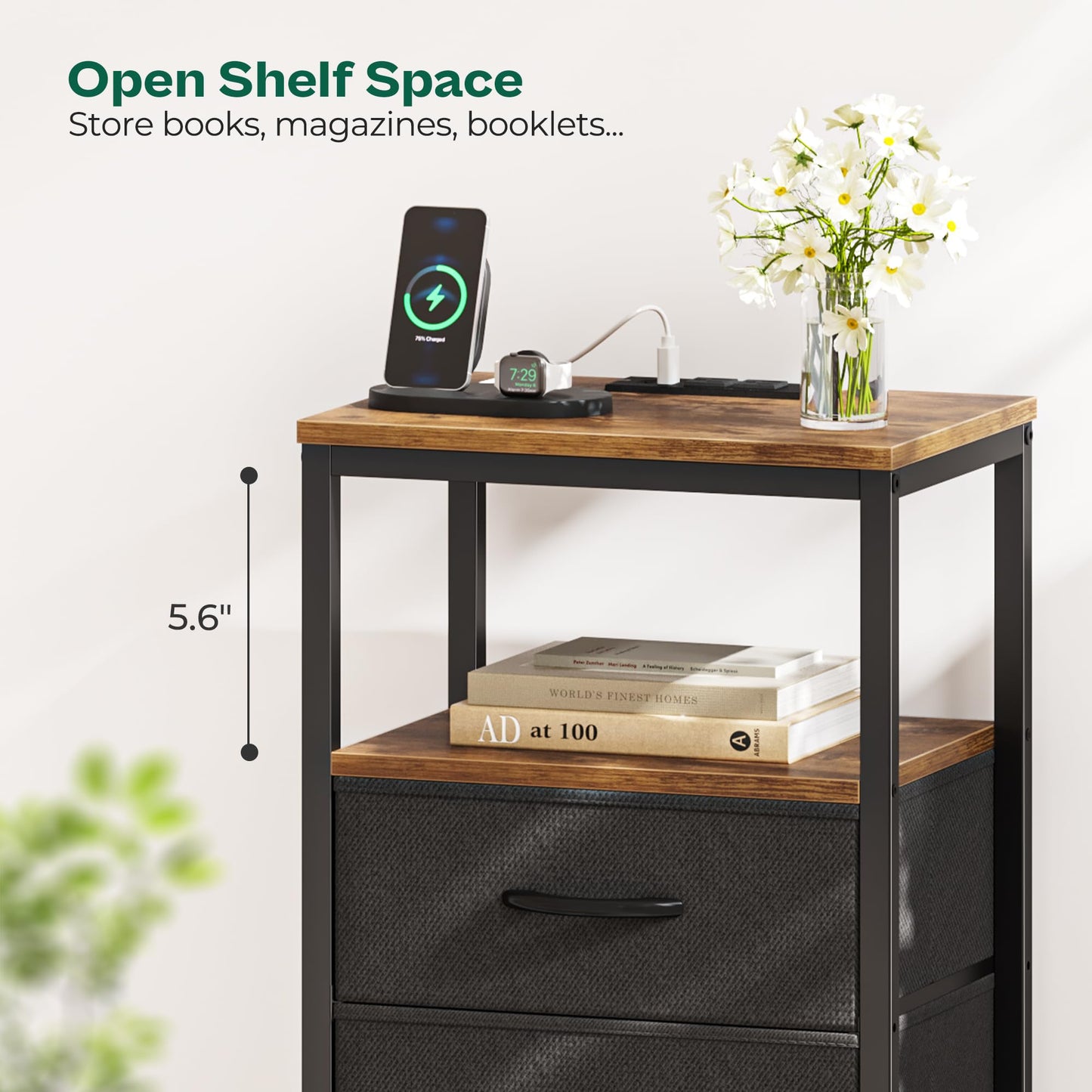 Huuger Nightstand with Charging Station, Side Table with Fabric Drawers, End Table with Open Shelf, Bedside Table with USB Ports and Outlets, Night Stand for Bedroom, Rustic Brown and Black