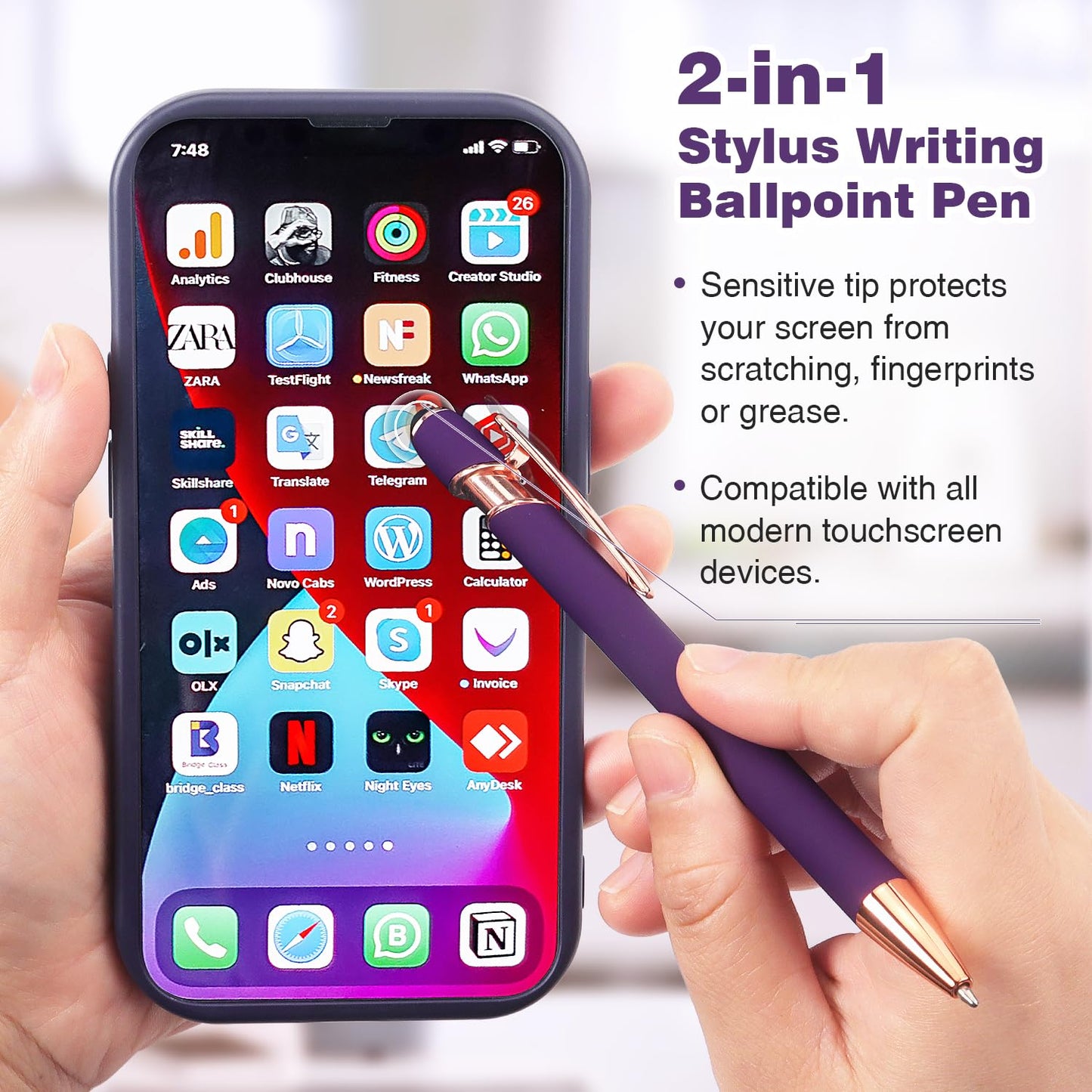 8 Pack Ballpoint Pen 2-in-1 Stylus Retractable Ballpoint Pen with Stylus tip, Metal Stylus Pen for Touch Screens, 1.0 mm Black Ink