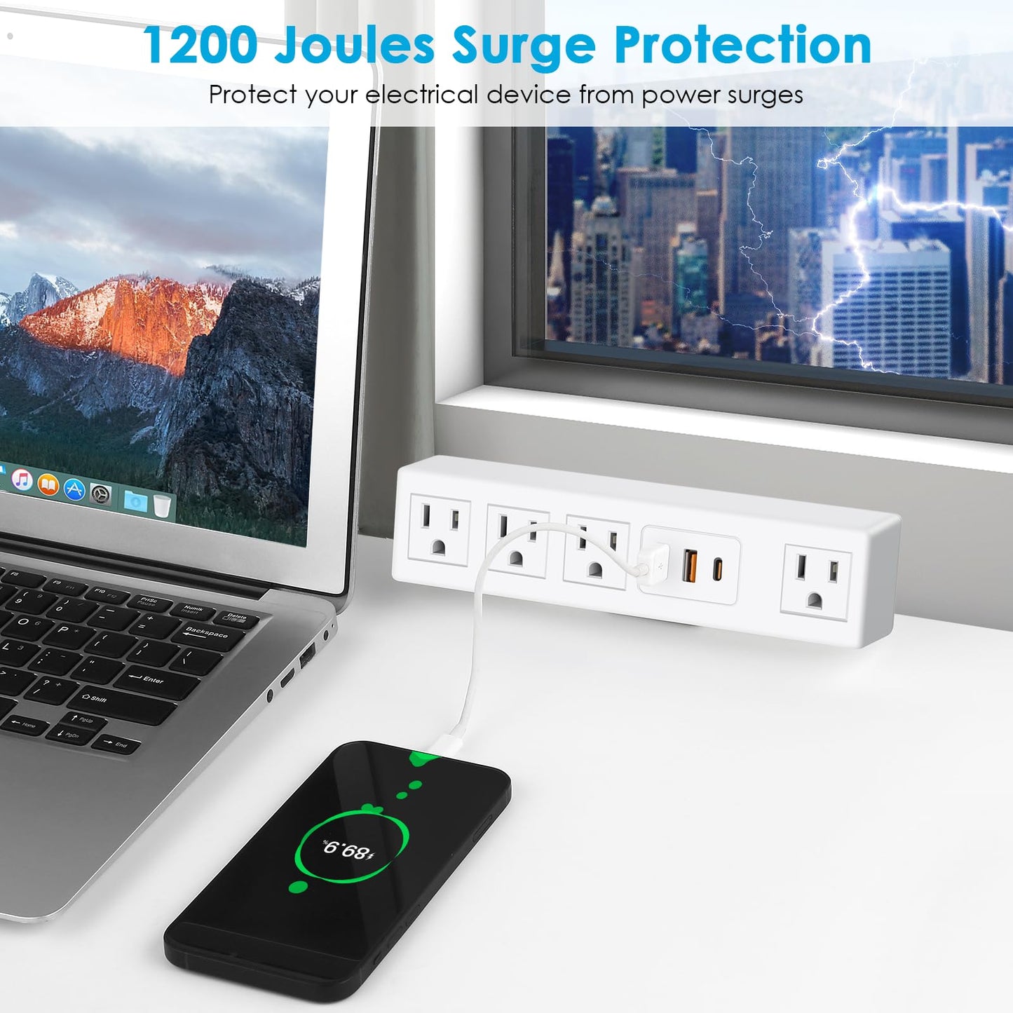 CCCEI Desk Clamp Power Strip with USB-A and USB-C Ports, Desktop Mount Surge Protector 1200J, Widely Spaced Desk Outlet Station, Fast Charging, 6 FT Flat Plug, Fit 1.9 inch Tabletop Edge. (Black)