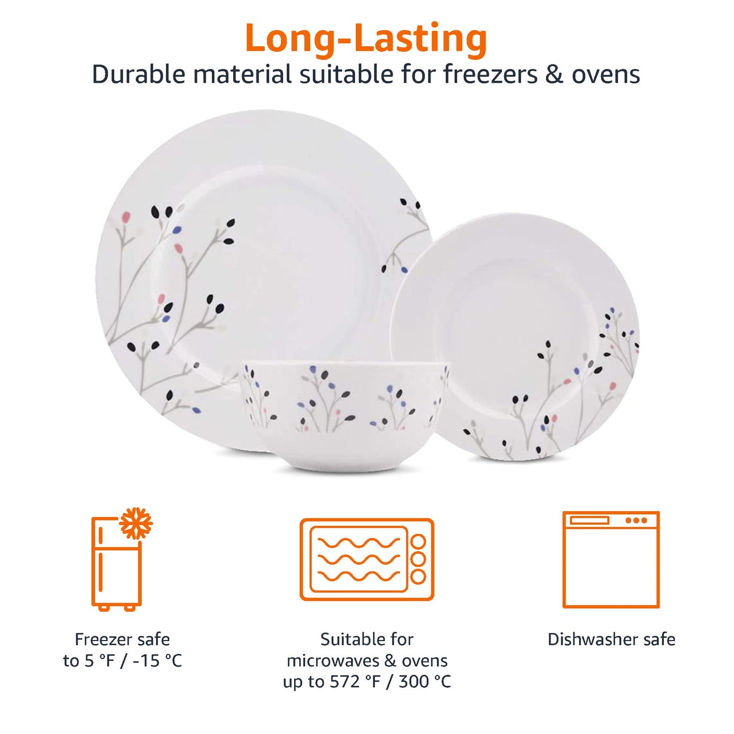 Amazon Basics 18-Piece Kitchen Dinnerware Set, Plates, Dishes, Bowls, Service for 6, White Porcelain Coupe