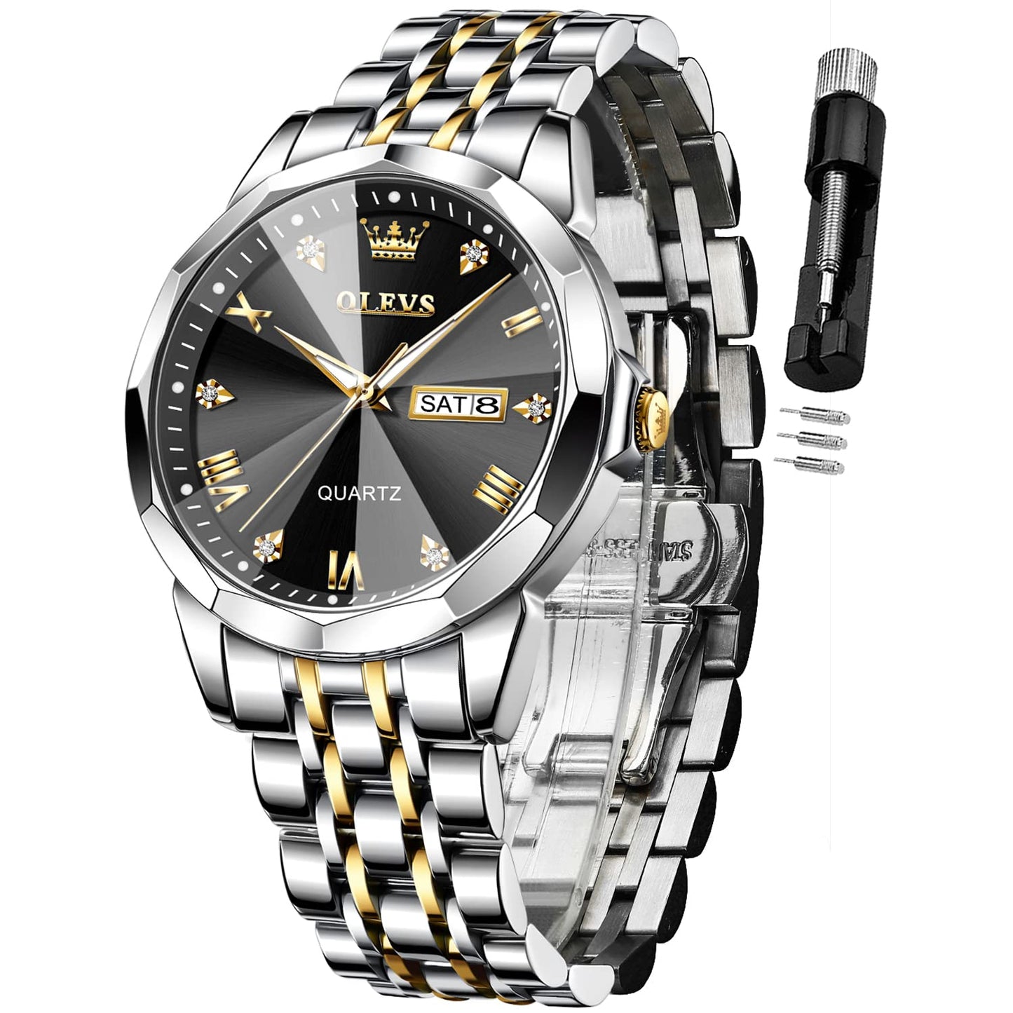 OLEVS Watch for Men Diamond Business Dress Analog Quartz Stainless Steel Waterproof Luminous Date Two Tone Luxury Casual Wrist Watch