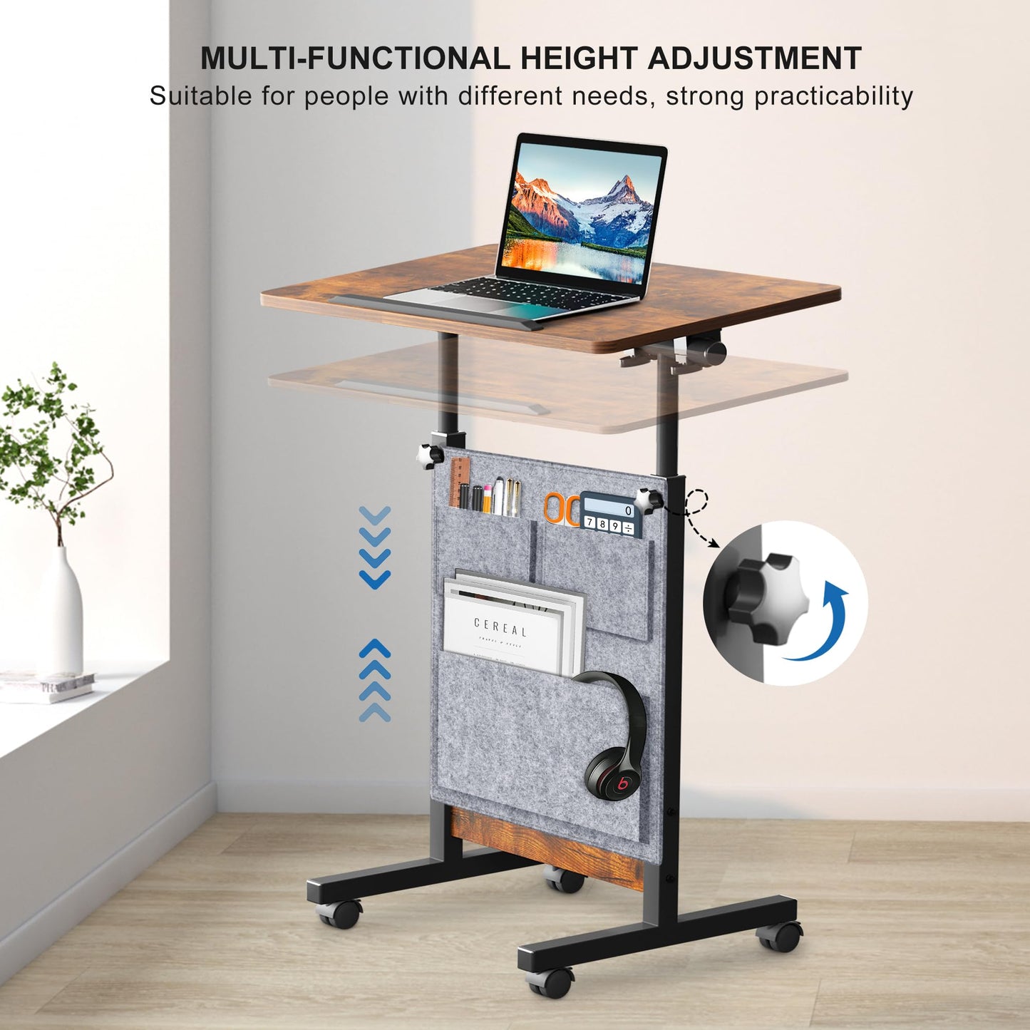 KOUPA Height Adjustable Mobile Standing Desk 16×24 in,360° Flip Desk Stand Desk Home Office Table Standing Desk for Small Space Offices,Easy to Assemble(Rustic Brown Desktop)