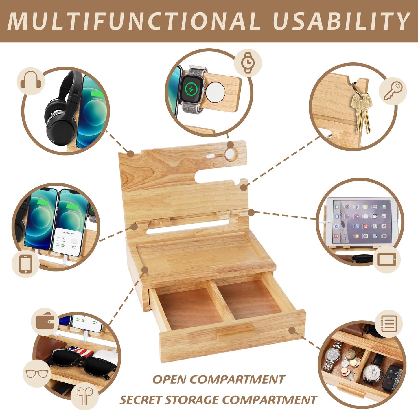 Gifts for Men Dad from Daughter Son Christmas, Wood Phone Docking Station with Drawer, Husband Birthday Gifts Him Boyfriend from Wife Anniversary Nightstand Organizer Xmas Stocking Stuffers