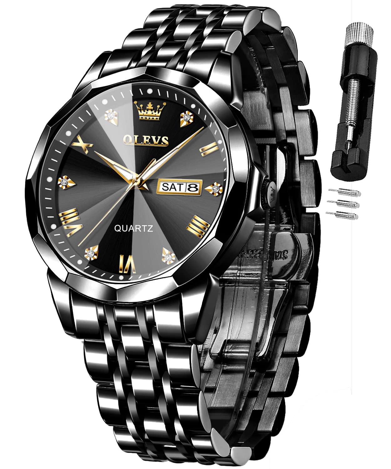 OLEVS Watch for Men Diamond Business Dress Analog Quartz Stainless Steel Waterproof Luminous Date Two Tone Luxury Casual Wrist Watch