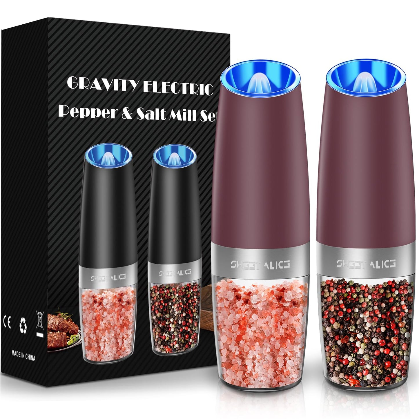 Gravity Electric Pepper and Salt Grinder Set, Salt and Pepper Mill & Adjustable Coarseness, Battery Powered with LED Light, One Hand Automatic Operation, Stainless Steel (Set/Silver)