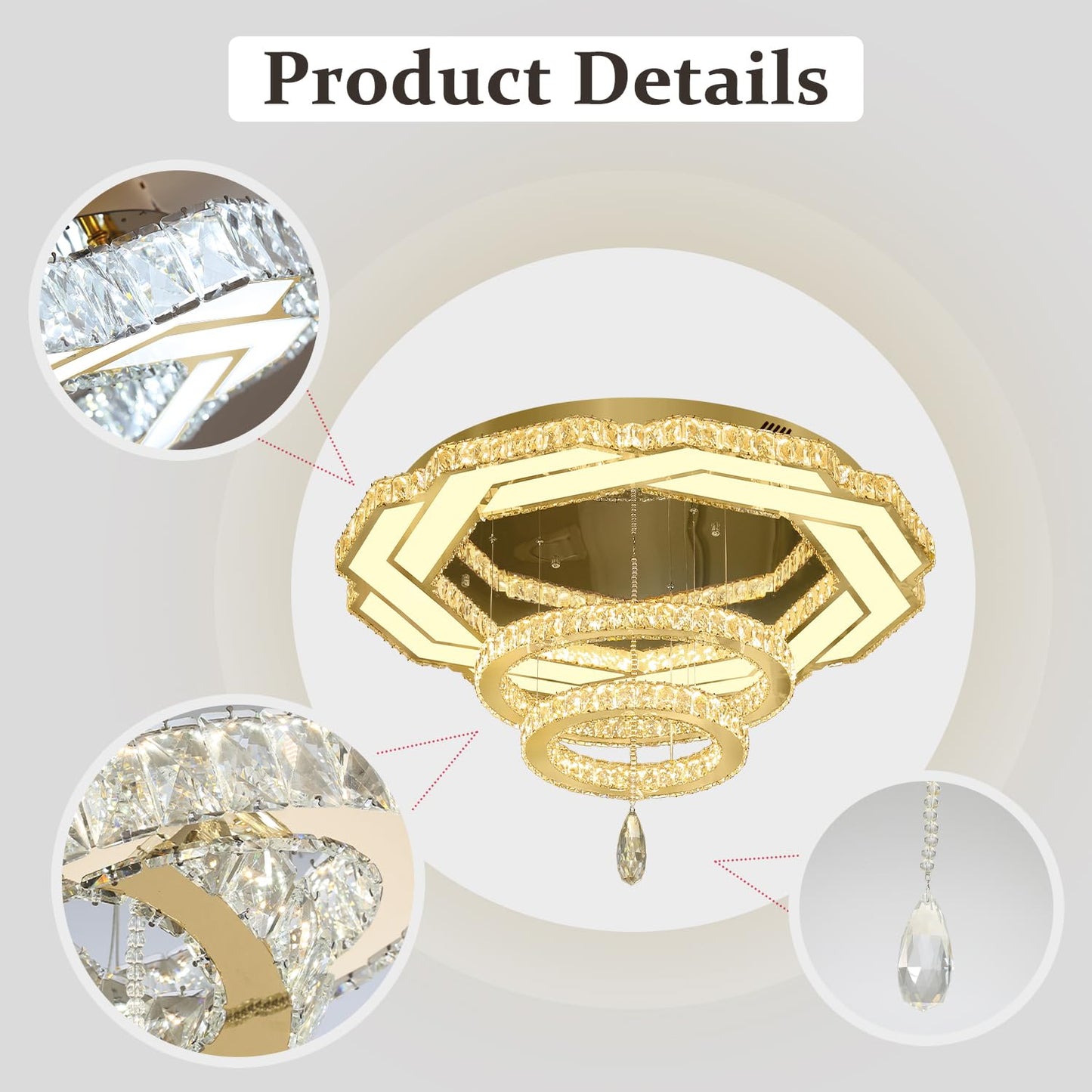 Flashing God Crystal Chandeliers Dia 32" Silver Elegant Chandelier Flush Mount Ceiling Light for Bedroom Living Room Dining Room Hallway Dimmable 3 Rings LED Celing Lighting Fixtures