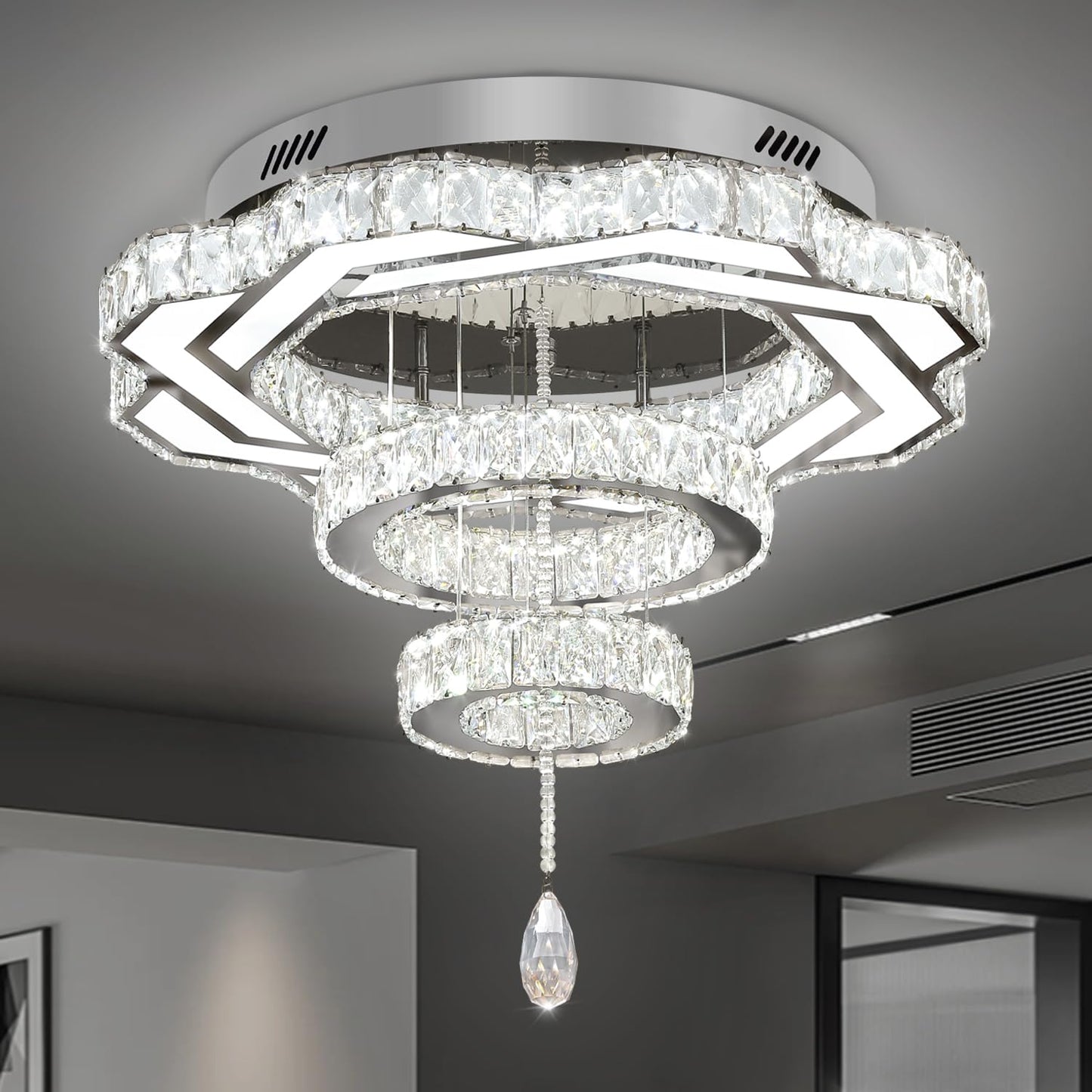 Flashing God Crystal Chandeliers Dia 32" Silver Elegant Chandelier Flush Mount Ceiling Light for Bedroom Living Room Dining Room Hallway Dimmable 3 Rings LED Celing Lighting Fixtures