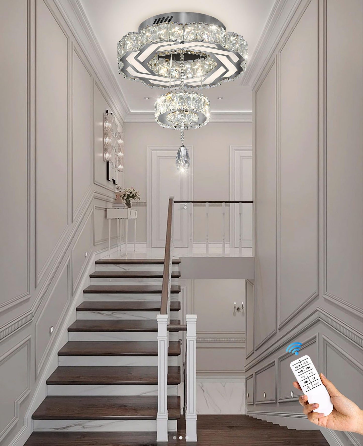 Flashing God Crystal Chandeliers Dia 32" Silver Elegant Chandelier Flush Mount Ceiling Light for Bedroom Living Room Dining Room Hallway Dimmable 3 Rings LED Celing Lighting Fixtures