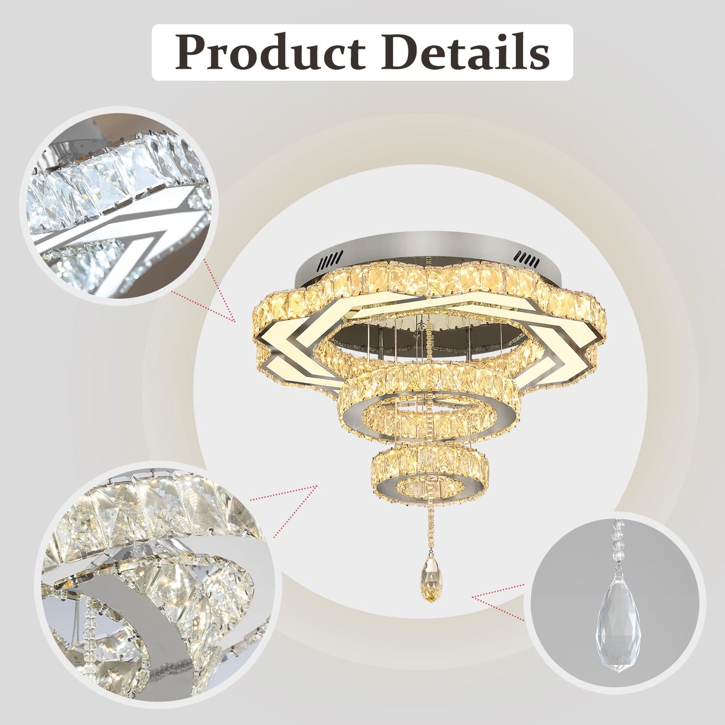 Flashing God Crystal Chandeliers Dia 32" Silver Elegant Chandelier Flush Mount Ceiling Light for Bedroom Living Room Dining Room Hallway Dimmable 3 Rings LED Celing Lighting Fixtures