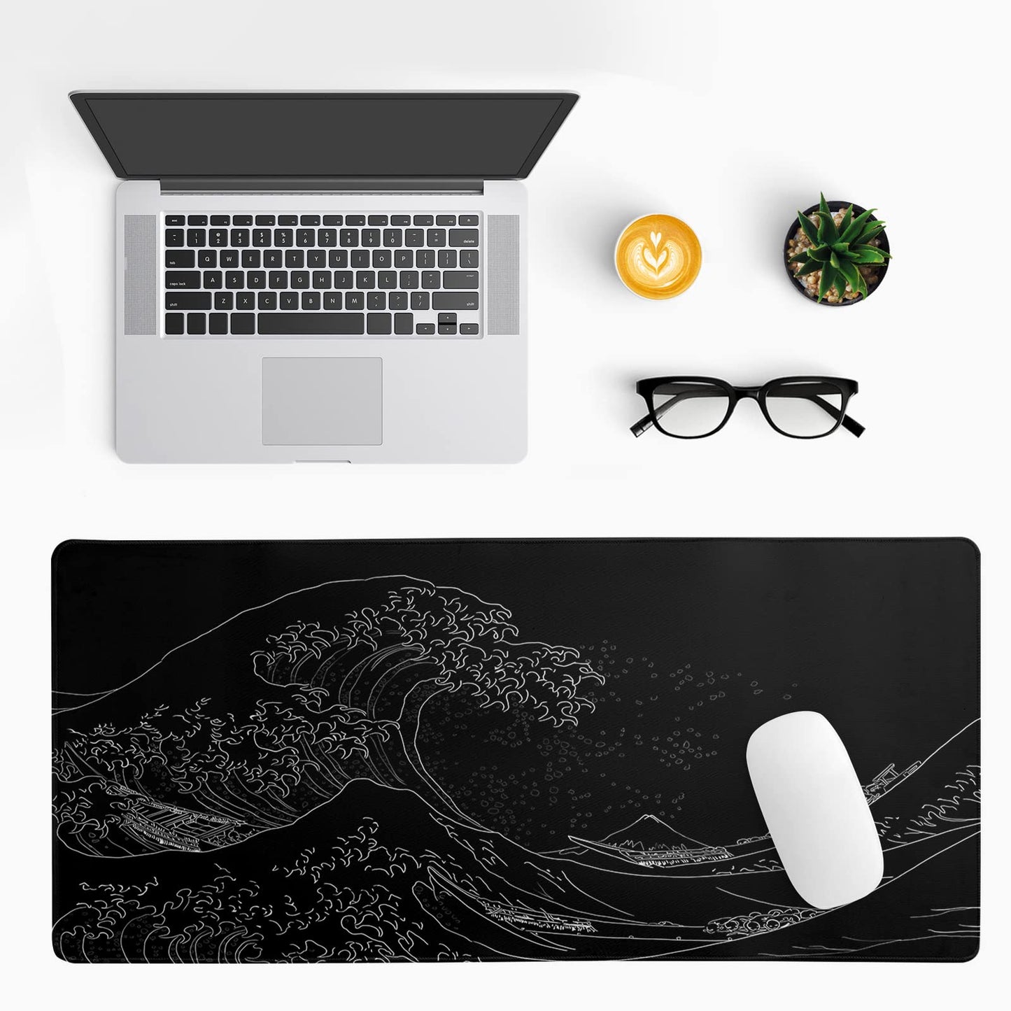 Japanese Sea Wave Large Mouse Pad, Anime Black Gaming, Extended Kanagawa Mat Desk Pad, 3mm Thick Long Non-Slip Rubber Base Mice Pad, 31.5 X 11.8 Inch
