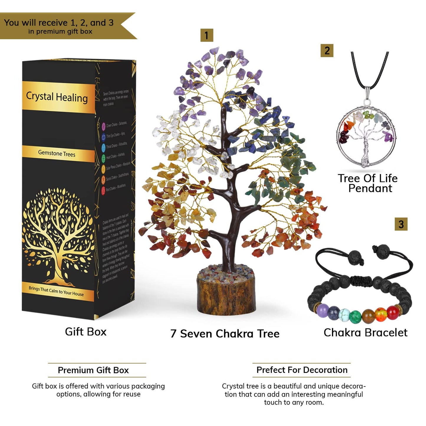 Seven Chakra Tree - Crystal Tree for Postive Energy - 7 Chakra Tree Of Life - Chakra Tree - Feng Shui Energy Crystals - Gemstone Tree - Fengshui Decor - Crystal Gifts - Housewarming Gift for Women