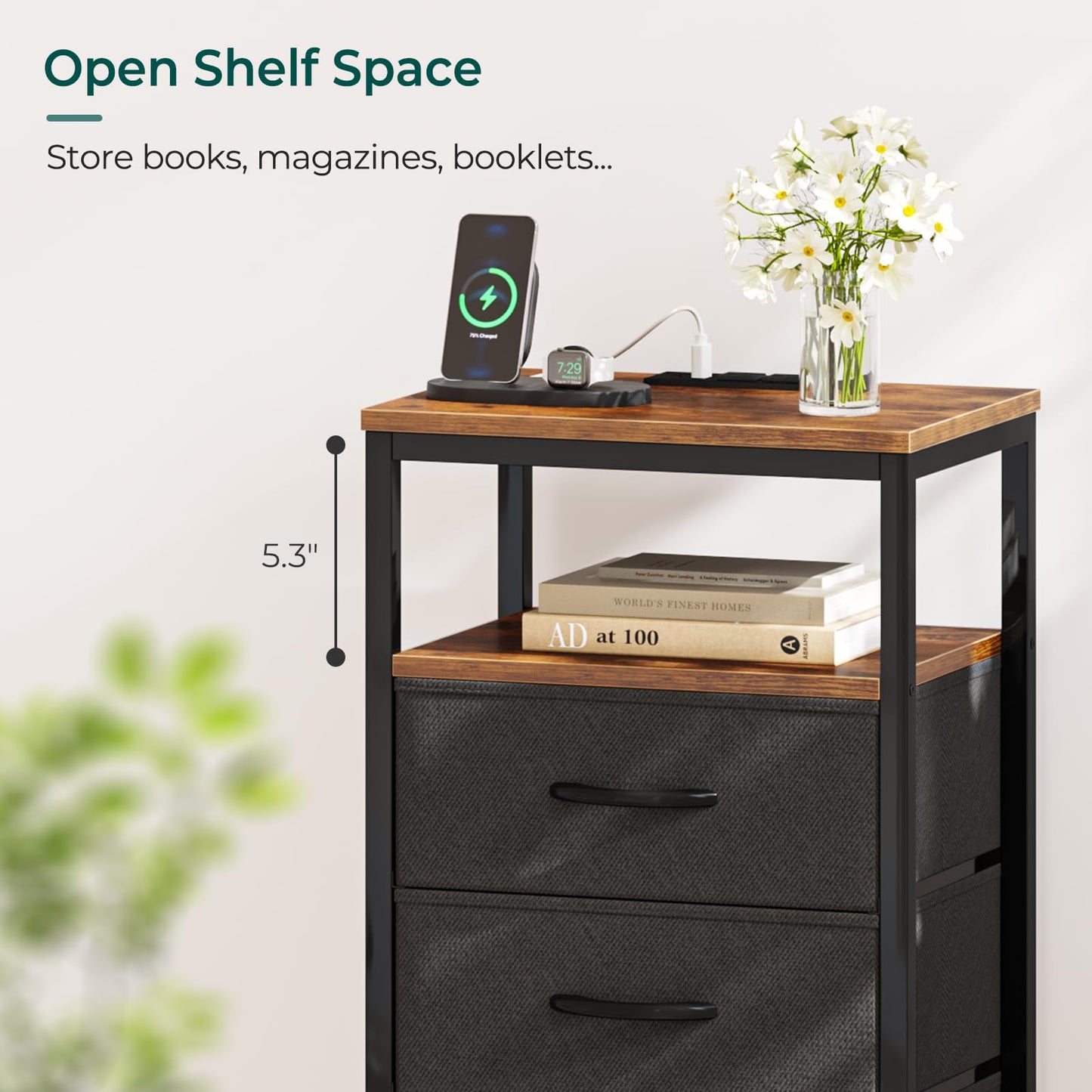 Huuger Nightstand with Charging Station, Side Table with Fabric Drawers, End Table with Open Shelf, Bedside Table with USB Ports and Outlets, Night Stand for Bedroom, Rustic Brown and Black