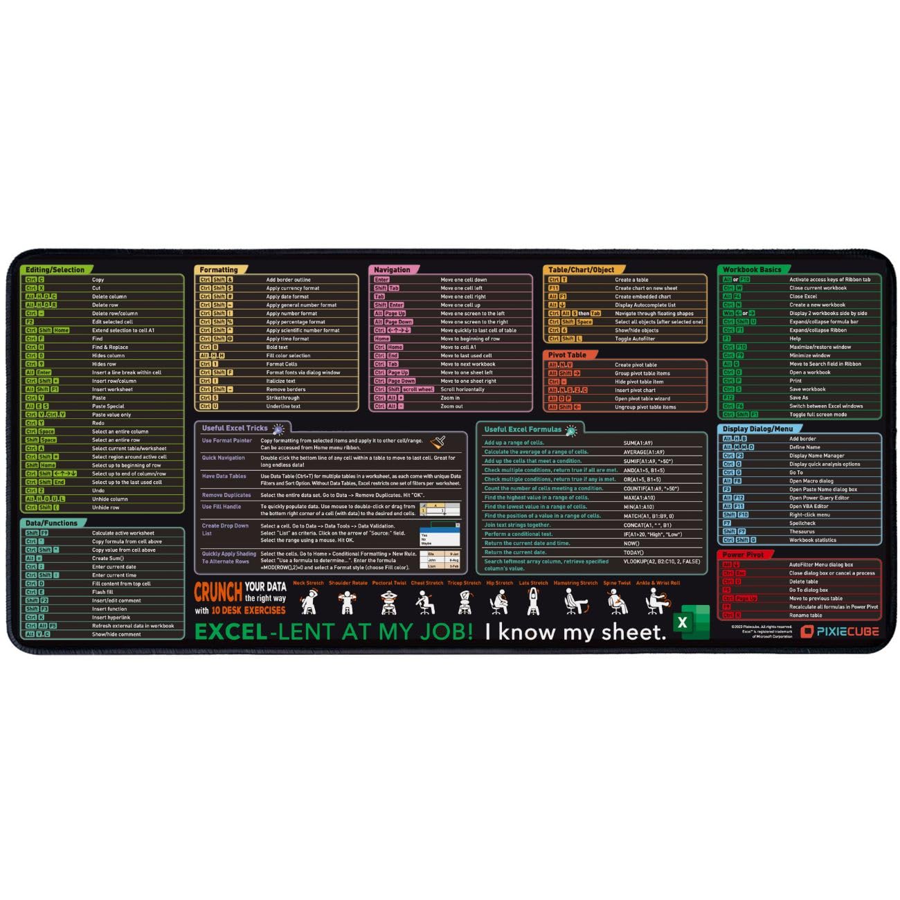 Excel Shortcut Keys Mouse Pad - Extended Large XL Cheat Sheet Gaming Mousepad | PC Office Spreadsheet Keyboard Mat | Non-Slip Stitched Edge