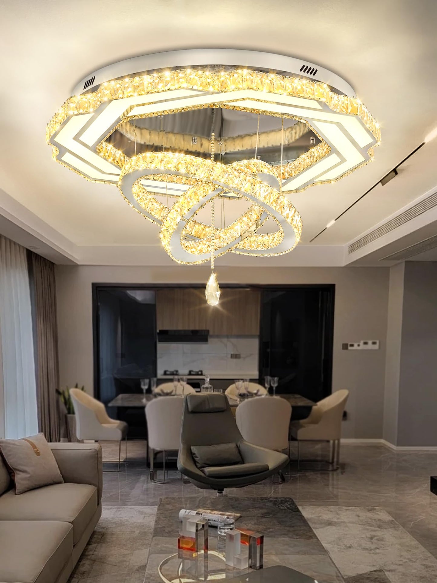 Flashing God Crystal Chandeliers Dia 32" Silver Elegant Chandelier Flush Mount Ceiling Light for Bedroom Living Room Dining Room Hallway Dimmable 3 Rings LED Celing Lighting Fixtures