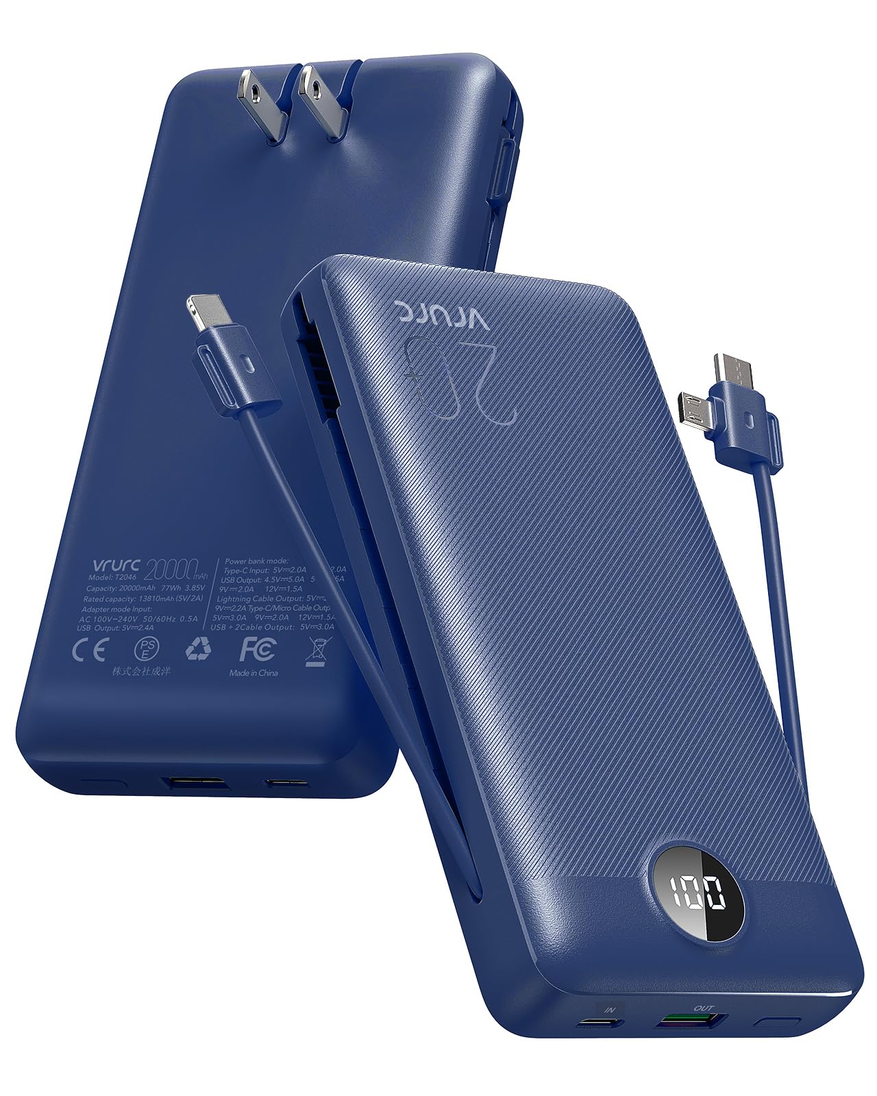 VRURC Power Bank 20000mAh, Fast Charging Portable Charger USB C,4 Output 2 Input Charging Bank Equipped with LED Display,Built-in Wall Plug and Cables,Cell Phone Replacement Battery,White