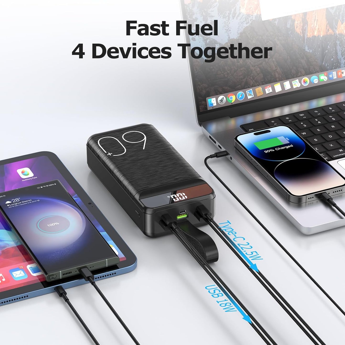 Power Bank 60000mAh 22.5W Fast Charging Portable Charger USB-C Quick Charge with 4 Outputs & 3 Inputs LED Display Huge Capacity External Battery Pack for Most Electronic Devices on The Market