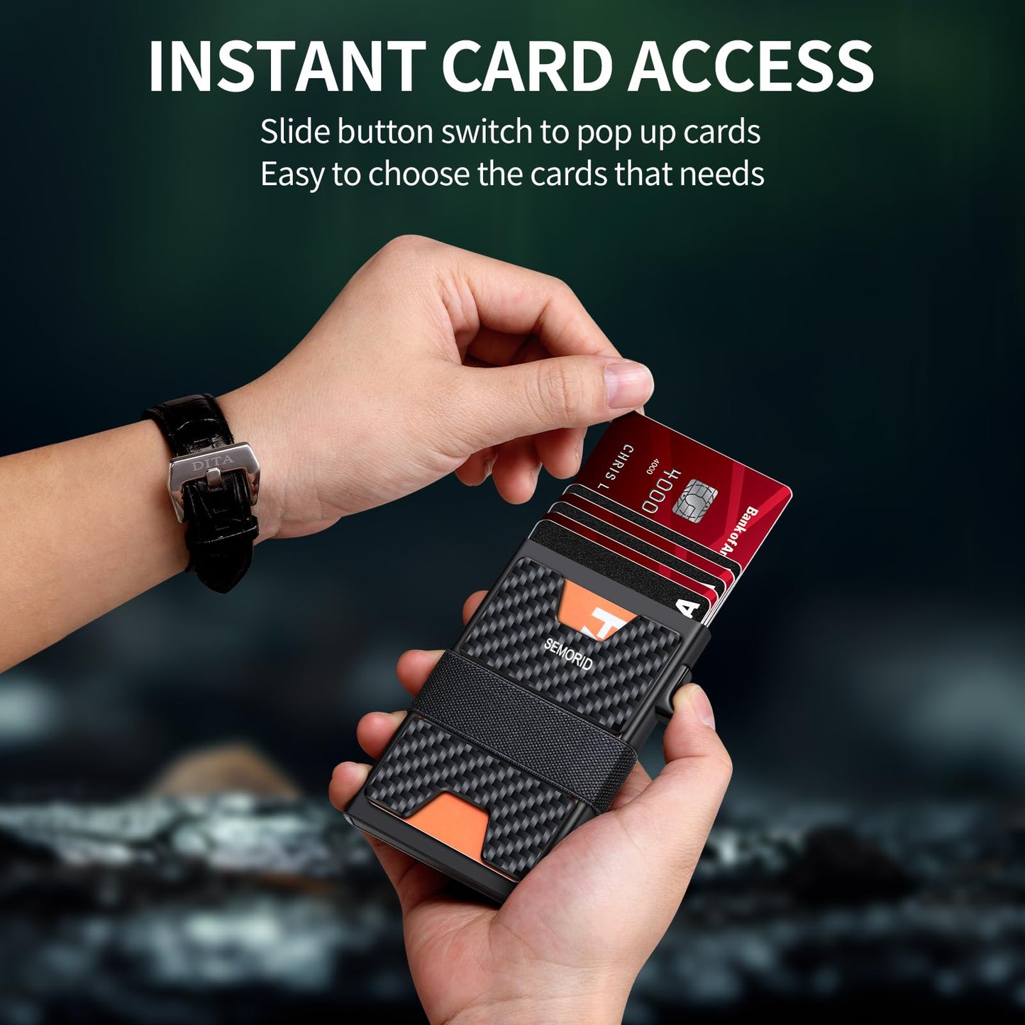 Slim Aluminum Card Holder Wallet for Men, Durable Expandable Backplate, RFID Blocking Minimalist Metal Pop Up Wallet, Holds 12+ Cards Plus Cash (Black)