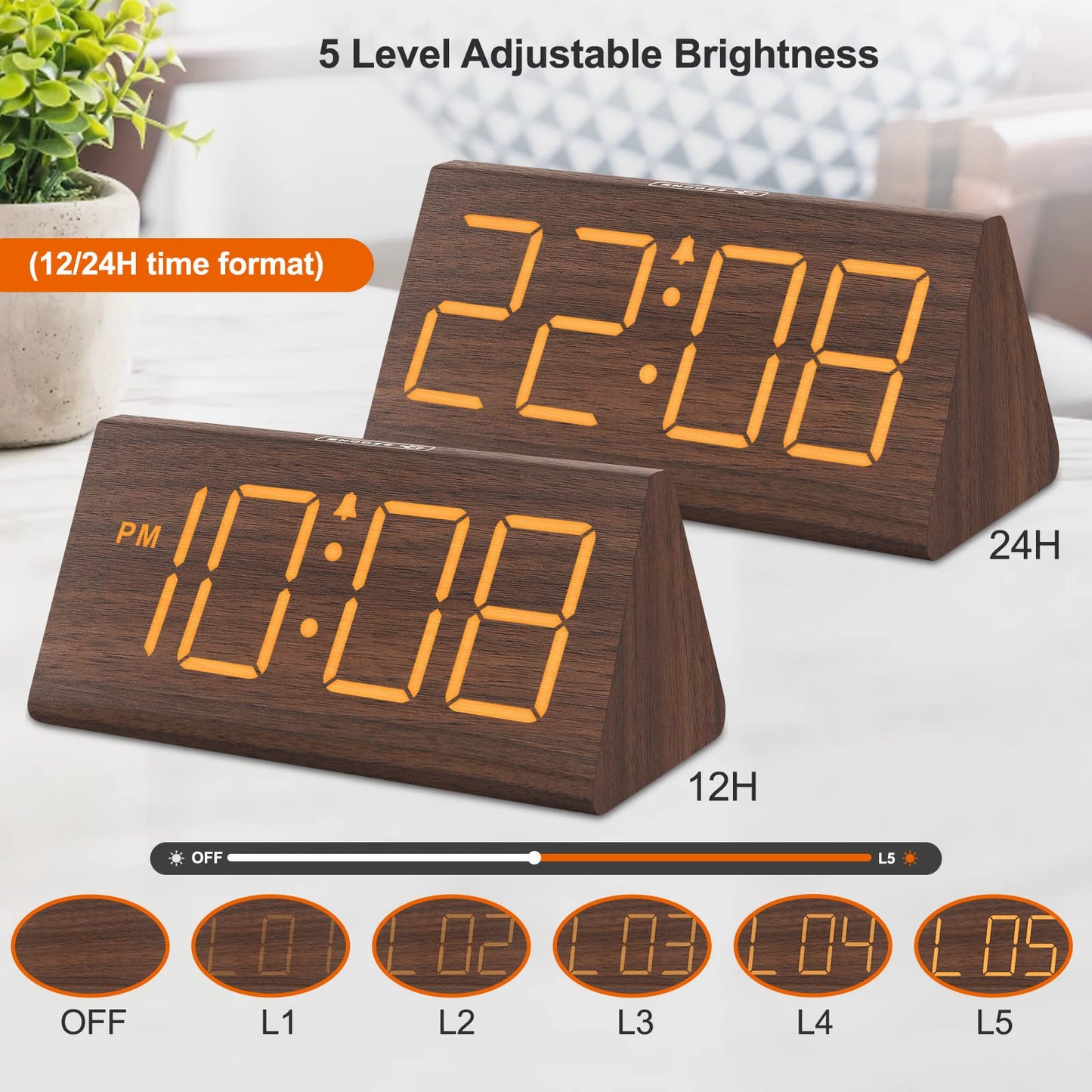 DreamSky Wooden Digital Alarm Clocks for Bedrooms - Electric Desk Clock with Large Numbers, USB Port, Loud Alarm for Heavy Sleepers, Adjustable Volume, Dimmer, Snooze, DST, 12/24H, Wood Décor (Brown)