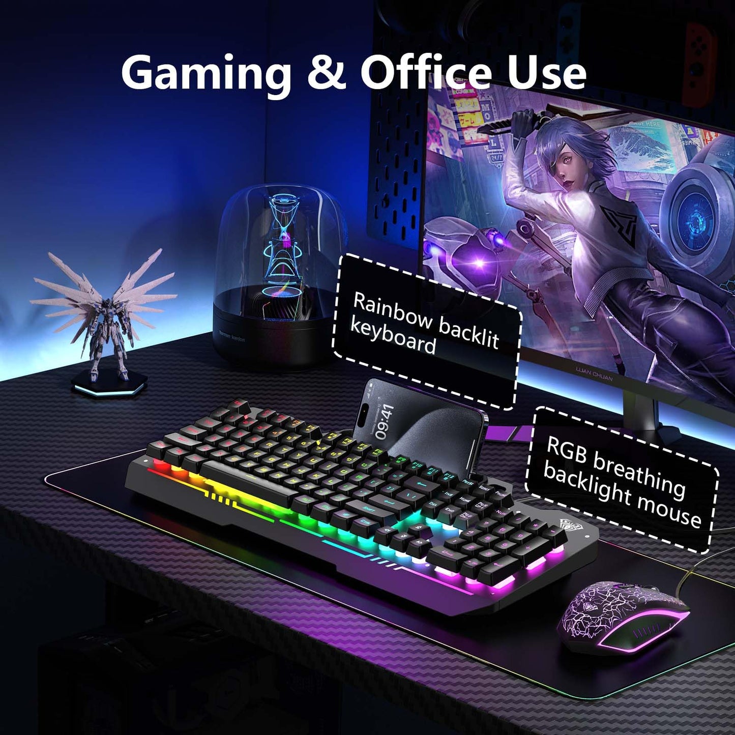 AULA Keyboard, T102 104 Keys Gaming Keyboard and Mouse Combo with RGB Backlit Quiet Computer Keyboard, All-Metal Panel, Waterproof Light Up PC Keyboard, USB Wired Keyboard Gaming for MAC Xbox PC Gamer