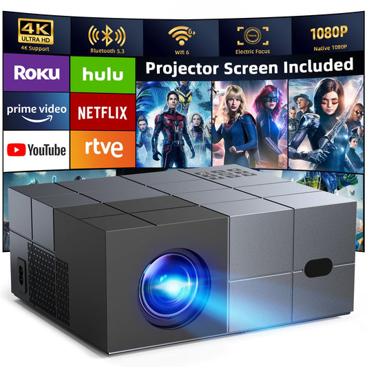 [Electric Focus] Projector with WiFi and Bluetooth, 20000LM Native 1080P Projector with Screen, YOWHICK Portable Movie Smart Projector, Home Projector 4K Supported for Phone/TV Stick /HDMI/USB Grey
