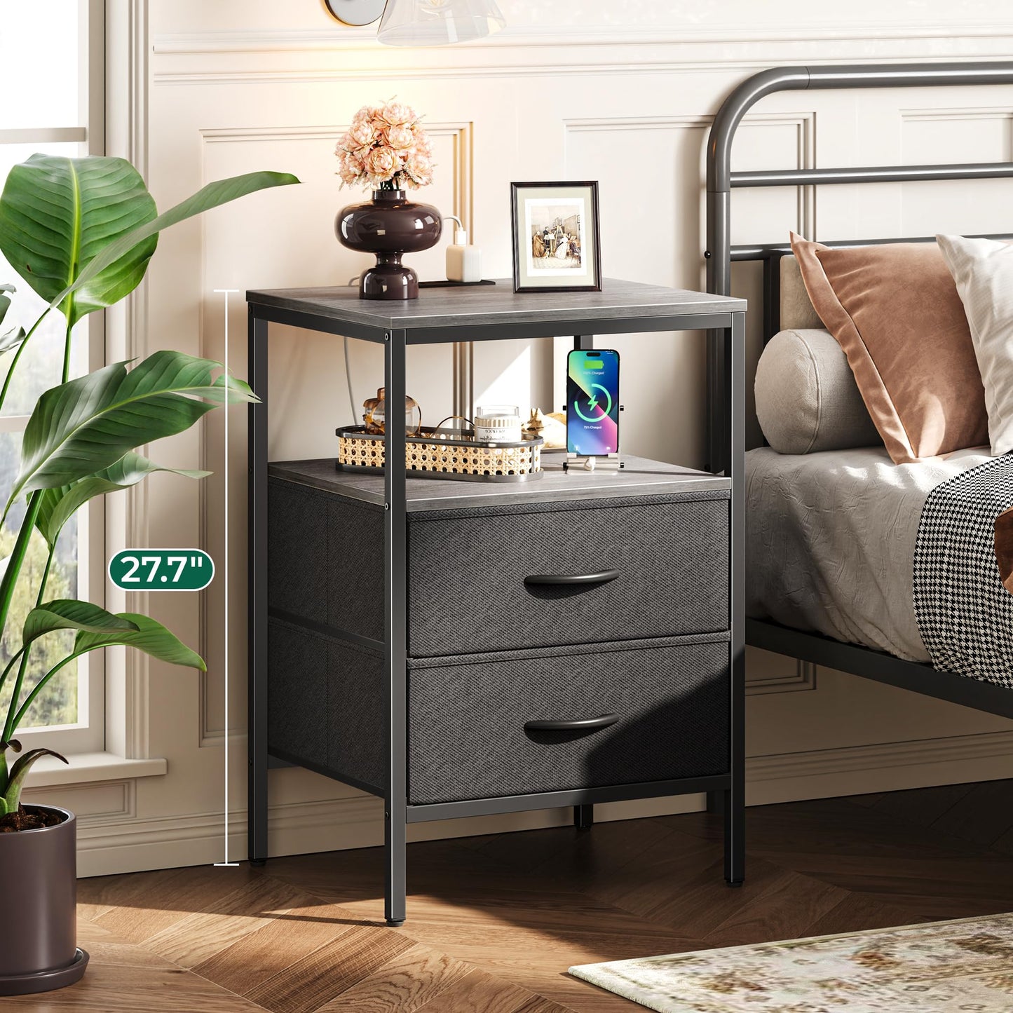 Huuger Nightstand with Charging Station, Side Table with Fabric Drawers, End Table with Open Shelf, Bedside Table with USB Ports and Outlets, Night Stand for Bedroom, Rustic Brown and Black