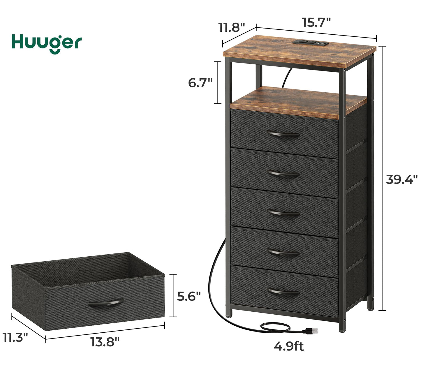 Huuger Nightstand with Charging Station, Side Table with Fabric Drawers, End Table with Open Shelf, Bedside Table with USB Ports and Outlets, Night Stand for Bedroom, Rustic Brown and Black