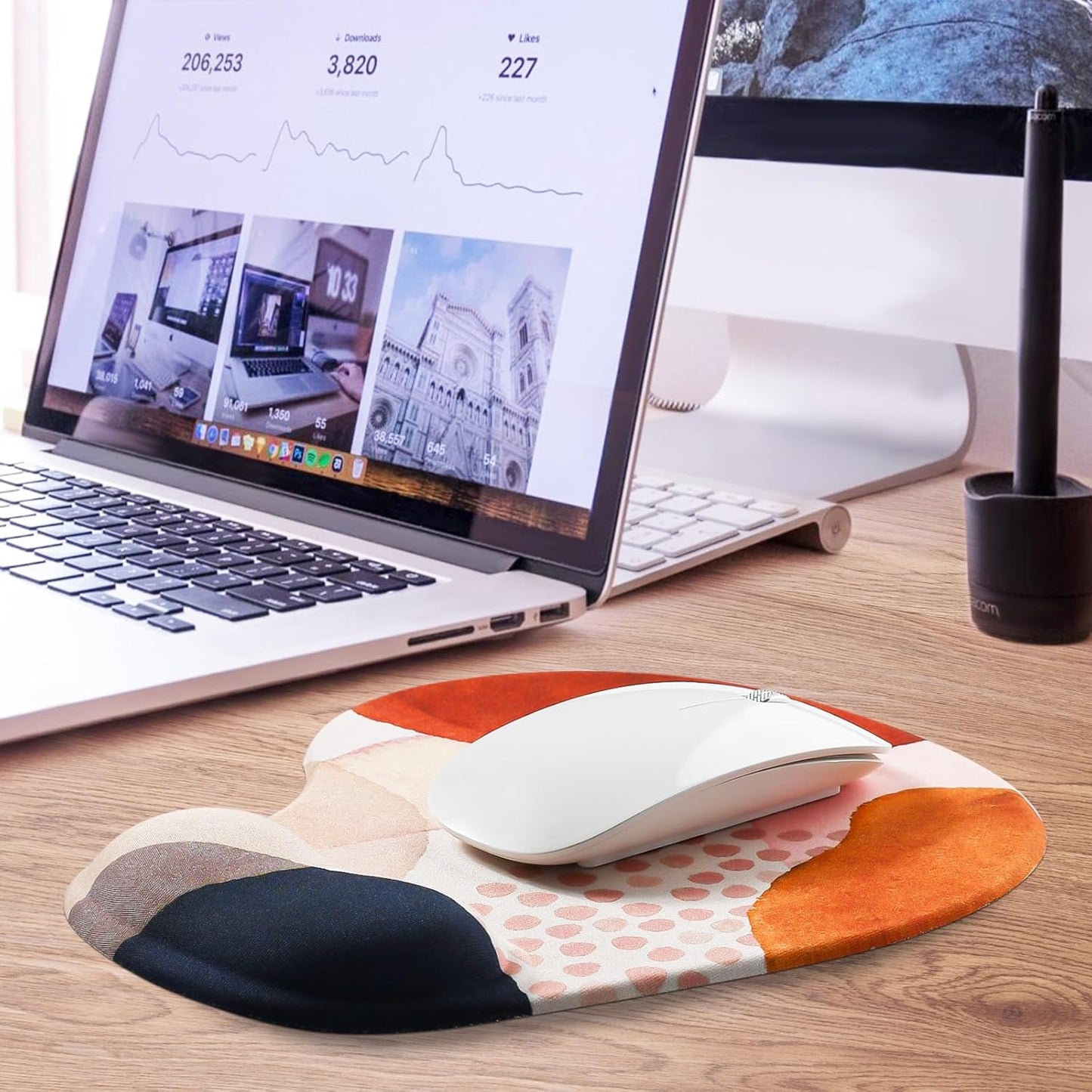JIKIOU Mouse Pad, 2 Pack Ergonomic Mouse Pads with Comfortable Gel Wrist Rest Support and Lycra Cloth, Non-Slip PU Base for Easy Typing Pain Relief Durable and Easy to Clean Small Black