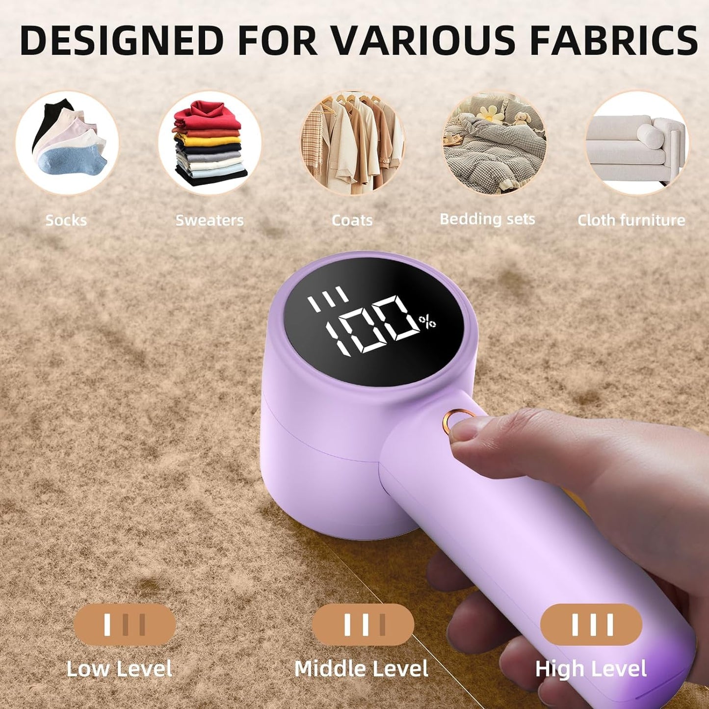 Fabric Shaver, Lint Remover Rechargeable, Electric Portable Sweater Defuzzer with 3 Speeds, 6 Leaf Blades, Digital LED Display to Remove Pilling for Clothes, Furniture, Sweater, Couch, Blanket