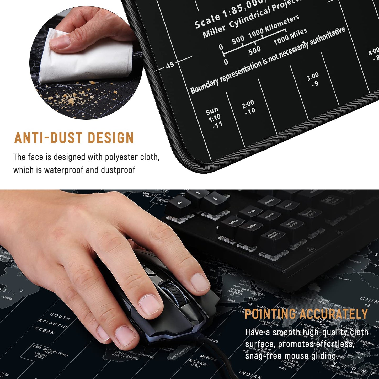 JIALONG Mouse Pad Large Gaming Desk Mat Extended Mousepad with Personalized Design Keyboard Pad for Laptop, Computer and PC - 35.4 x 15.7 inches Black World Map