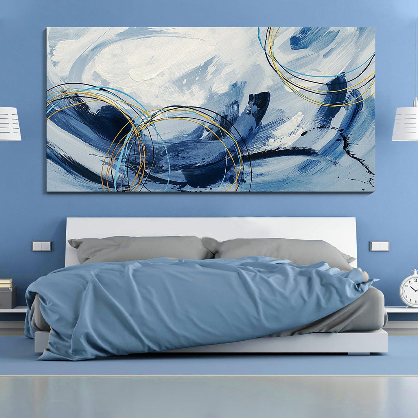 yiijeah Wall Art for Living Room - Framed Picture Artwork for Walls - Blue Wall Art 24x48 Inches Contemporary Abstract Wall Art Prints Canvas Painting Large Size Wall Art for Bedroom Office