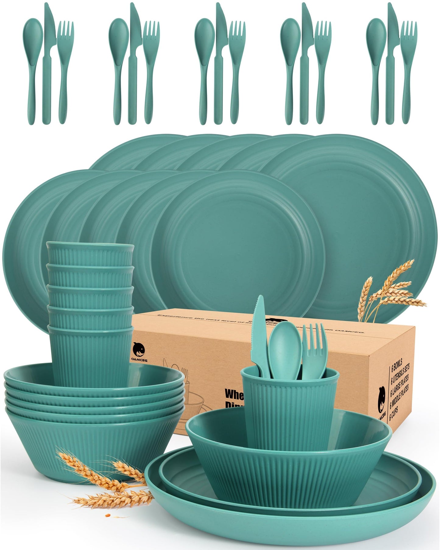 42 Pieces Wheat Straw Dinnerware Set - OAMCEG Plastic Dinner Set for 6, Kitchen Plates and Bowls Set, College Dorm Microwave Dishes, Unbreakable Plastic Outdoor Camping Dishes, Black