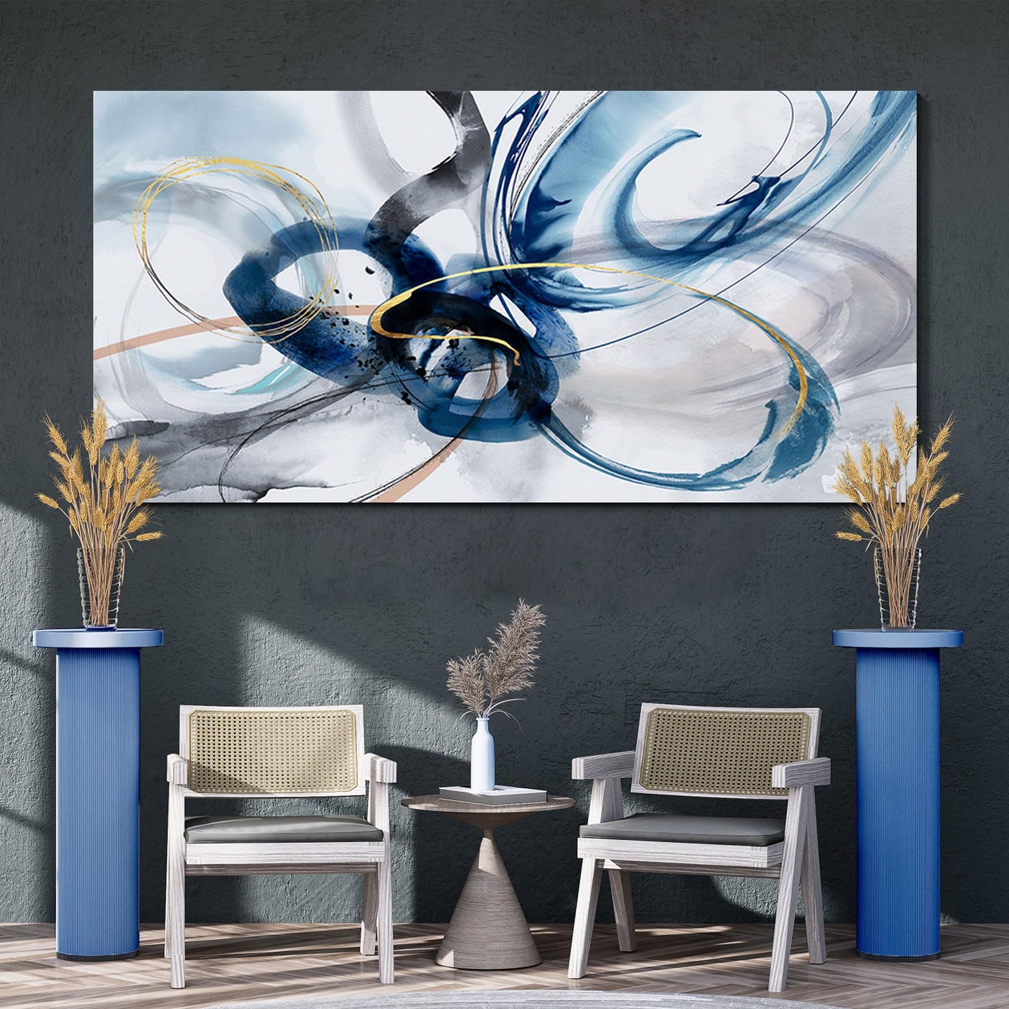 yiijeah Wall Art for Living Room - Framed Picture Artwork for Walls - Blue Wall Art 24x48 Inches Contemporary Abstract Wall Art Prints Canvas Painting Large Size Wall Art for Bedroom Office
