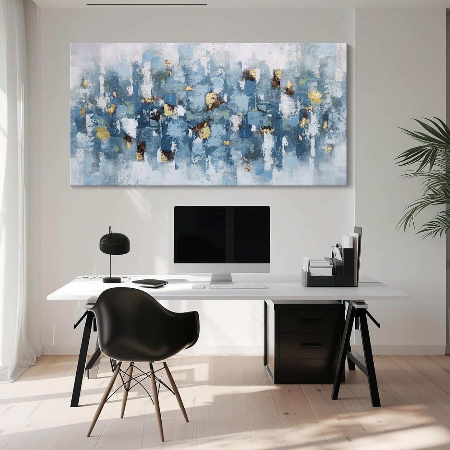 yiijeah Wall Art for Living Room - Framed Picture Artwork for Walls - Blue Wall Art 24x48 Inches Contemporary Abstract Wall Art Prints Canvas Painting Large Size Wall Art for Bedroom Office