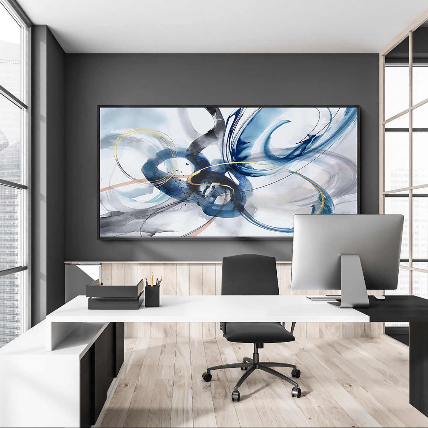 yiijeah Wall Art for Living Room - Framed Picture Artwork for Walls - Blue Wall Art 24x48 Inches Contemporary Abstract Wall Art Prints Canvas Painting Large Size Wall Art for Bedroom Office