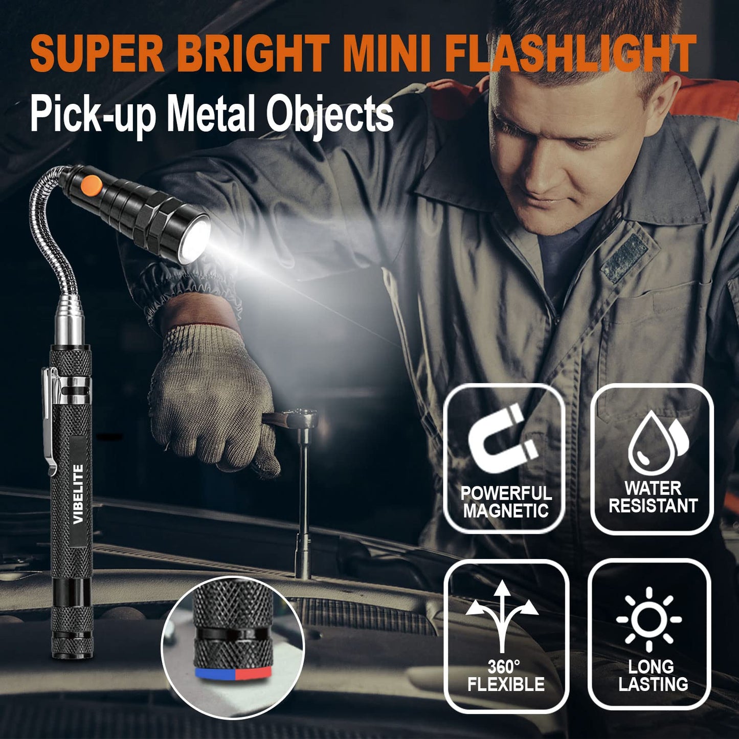 VIBELITE Extendable Magnetic Flashlight with Telescoping Magnet Pickup Tool-Cool Gadgets Gifts Idea & Gifts for Men,Husband,Dad,Father,Mechanic,Tech,Handyman,Him Women, Silve