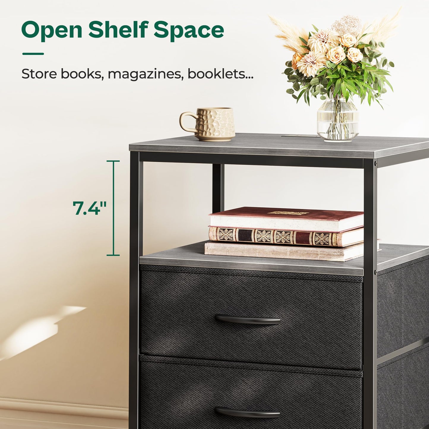 Huuger Nightstand with Charging Station, Side Table with Fabric Drawers, End Table with Open Shelf, Bedside Table with USB Ports and Outlets, Night Stand for Bedroom, Rustic Brown and Black