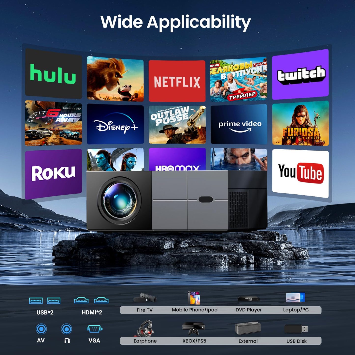 [Electric Focus] Projector with WiFi and Bluetooth, 20000LM Native 1080P Projector with Screen, YOWHICK Portable Movie Smart Projector, Home Projector 4K Supported for Phone/TV Stick /HDMI/USB Grey