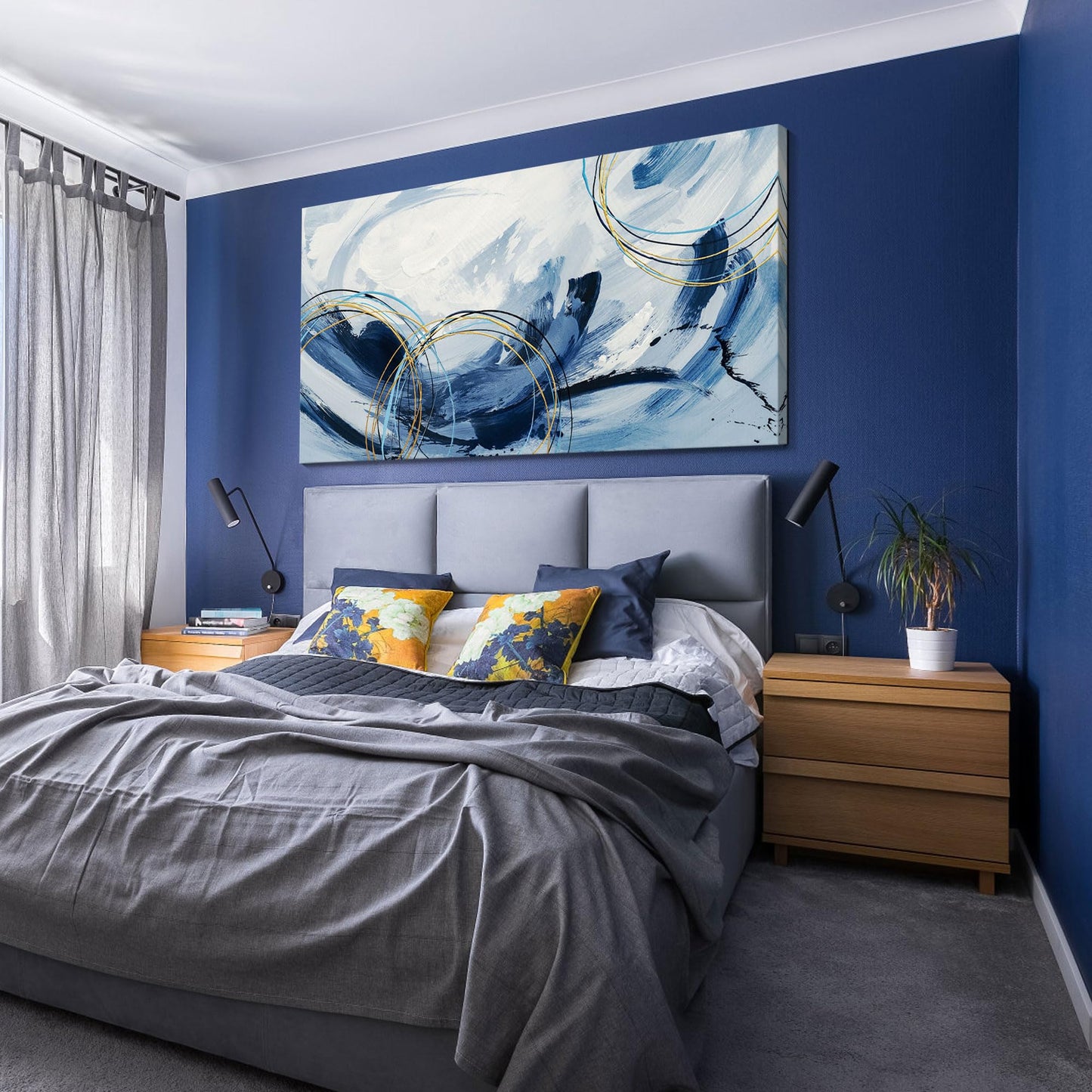 yiijeah Wall Art for Living Room - Framed Picture Artwork for Walls - Blue Wall Art 24x48 Inches Contemporary Abstract Wall Art Prints Canvas Painting Large Size Wall Art for Bedroom Office