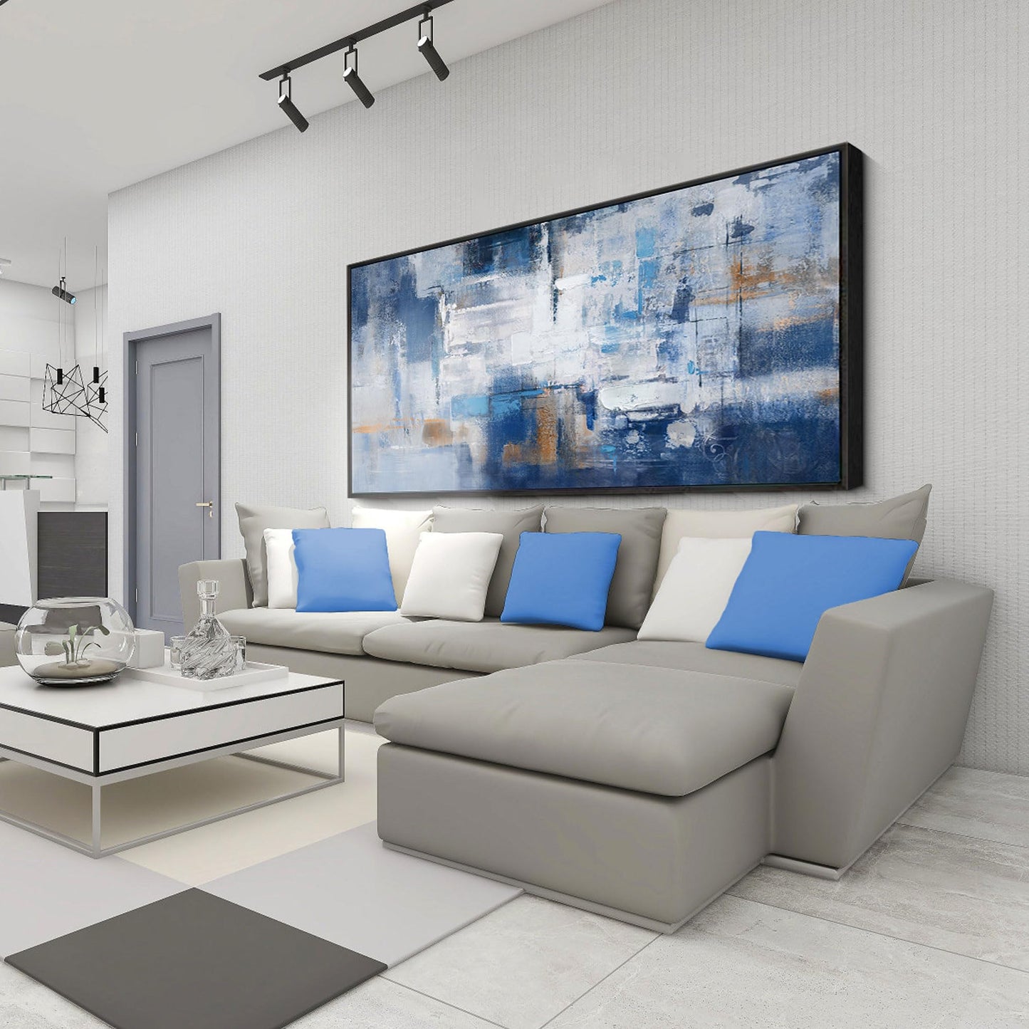 yiijeah Wall Art for Living Room - Framed Picture Artwork for Walls - Blue Wall Art 24x48 Inches Contemporary Abstract Wall Art Prints Canvas Painting Large Size Wall Art for Bedroom Office