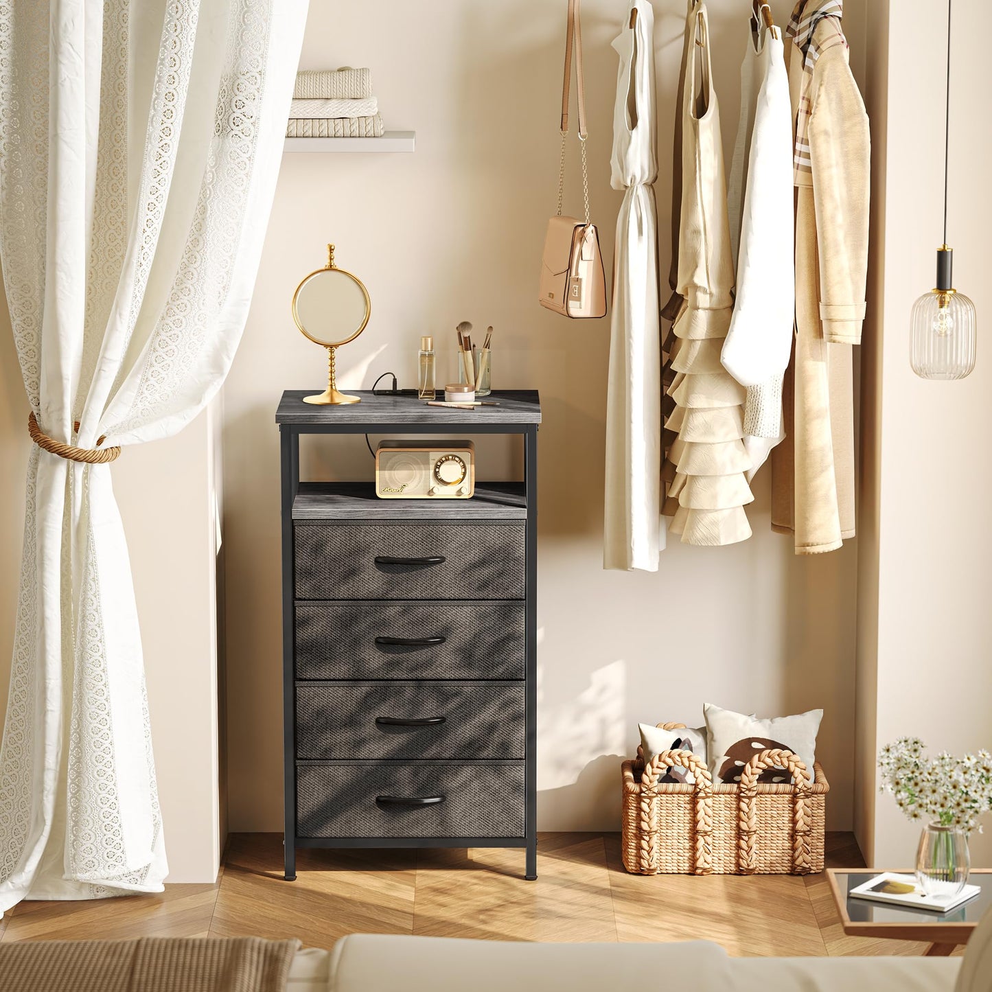 Huuger Nightstand with Charging Station, Side Table with Fabric Drawers, End Table with Open Shelf, Bedside Table with USB Ports and Outlets, Night Stand for Bedroom, Rustic Brown and Black