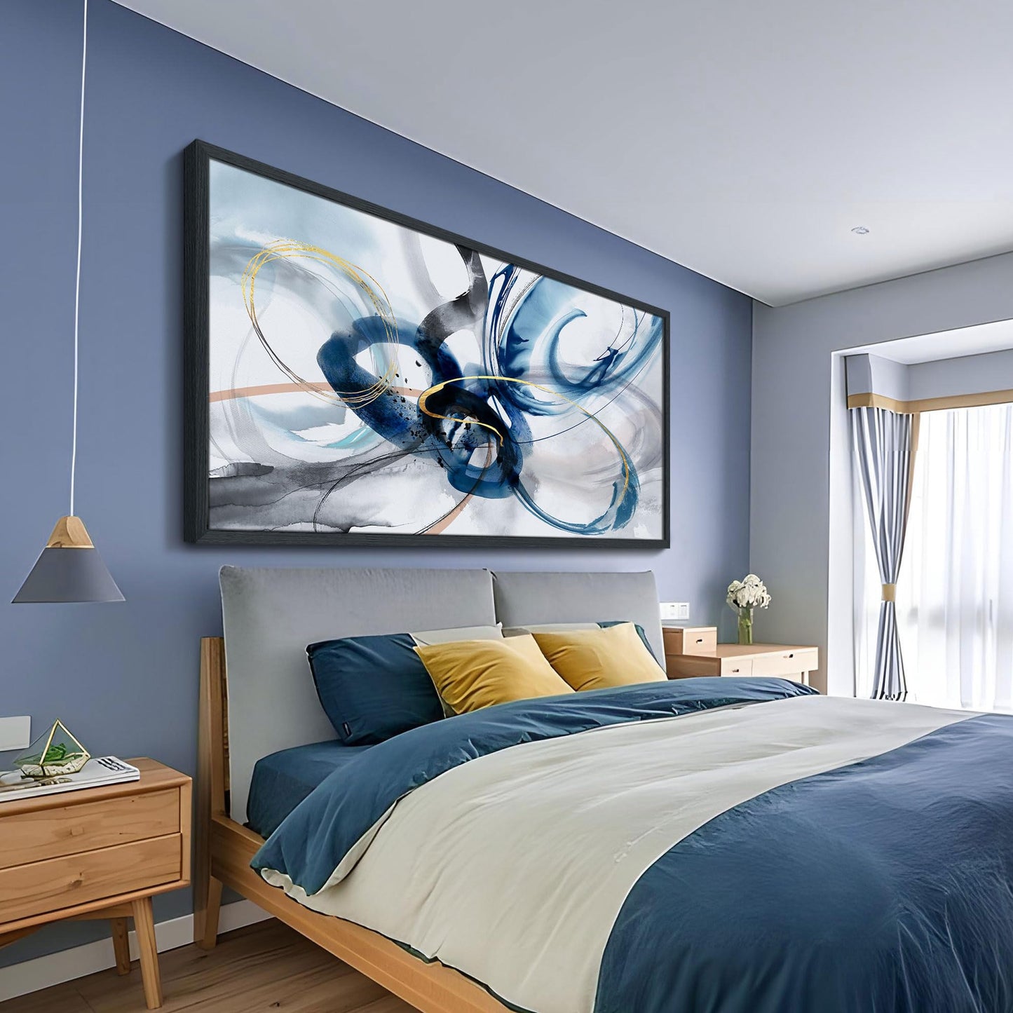yiijeah Wall Art for Living Room - Framed Picture Artwork for Walls - Blue Wall Art 24x48 Inches Contemporary Abstract Wall Art Prints Canvas Painting Large Size Wall Art for Bedroom Office