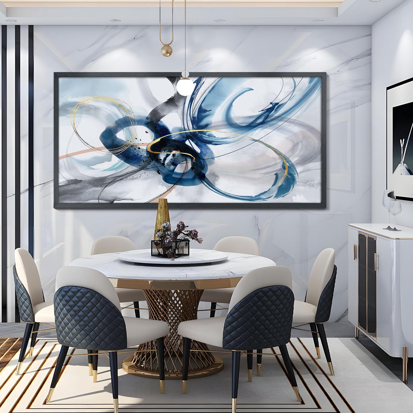 yiijeah Wall Art for Living Room - Framed Picture Artwork for Walls - Blue Wall Art 24x48 Inches Contemporary Abstract Wall Art Prints Canvas Painting Large Size Wall Art for Bedroom Office