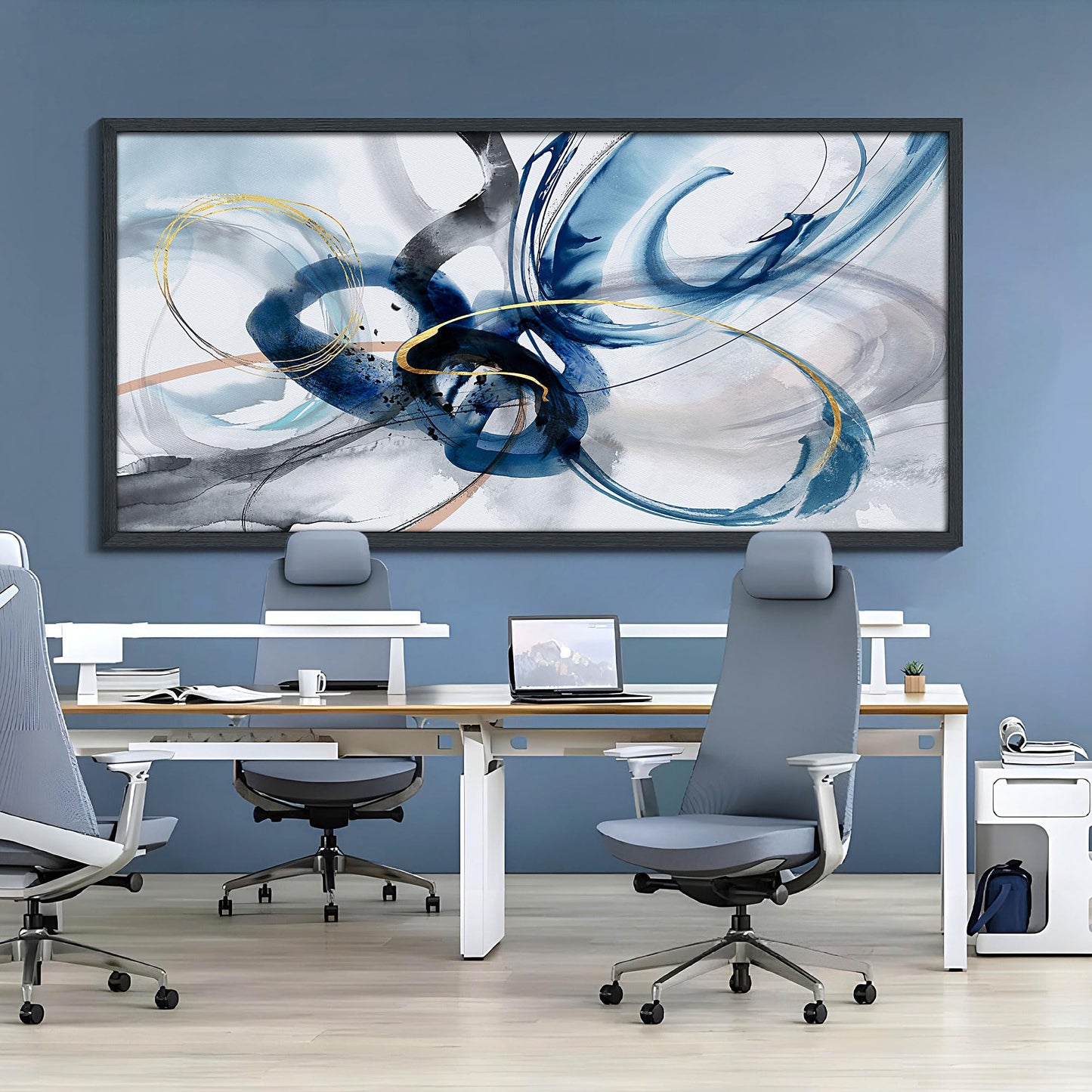 yiijeah Wall Art for Living Room - Framed Picture Artwork for Walls - Blue Wall Art 24x48 Inches Contemporary Abstract Wall Art Prints Canvas Painting Large Size Wall Art for Bedroom Office