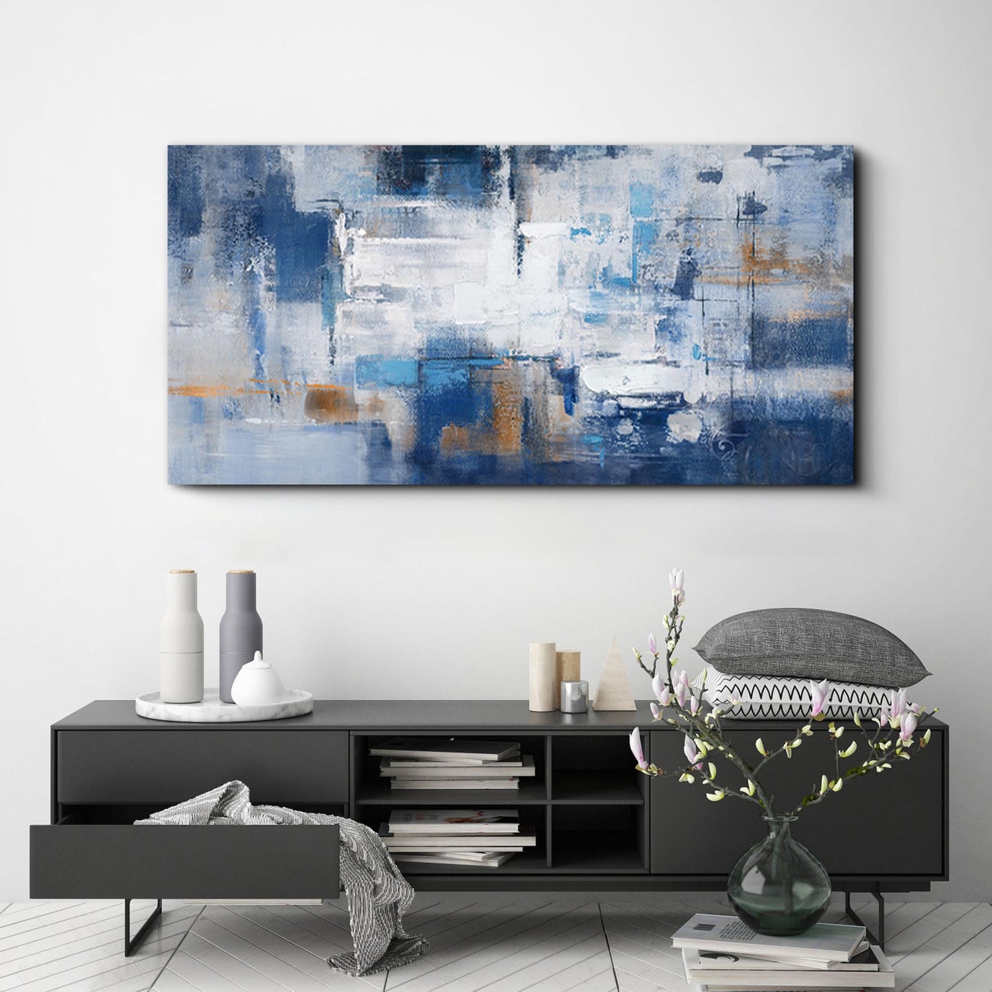 yiijeah Wall Art for Living Room - Framed Picture Artwork for Walls - Blue Wall Art 24x48 Inches Contemporary Abstract Wall Art Prints Canvas Painting Large Size Wall Art for Bedroom Office