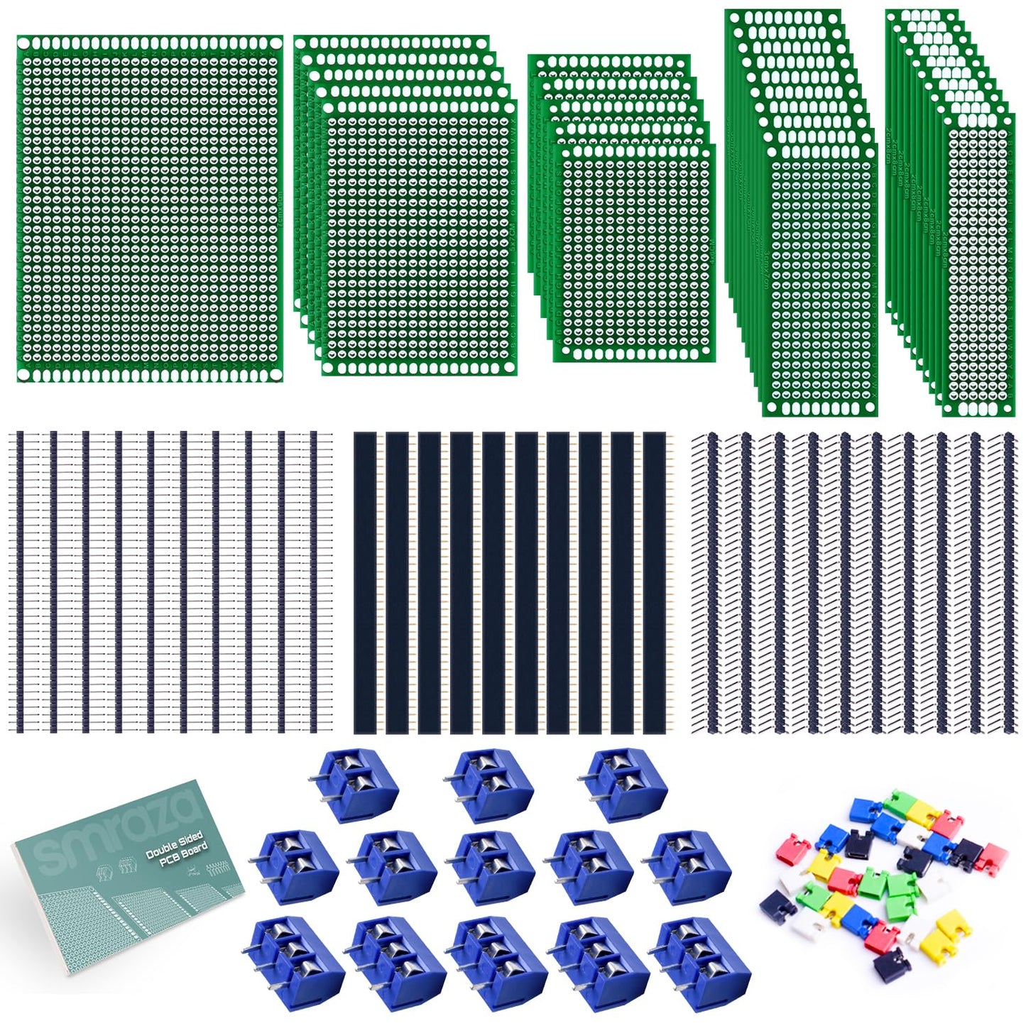 104pcs Double Sided PCB Board Kit, Prototype Boards for DIY Soldering and Electronic Project Circuit Boards Compatible with Arduino Kits, 30PCS 40 Pin 2.54mm Male and Female Header Connector