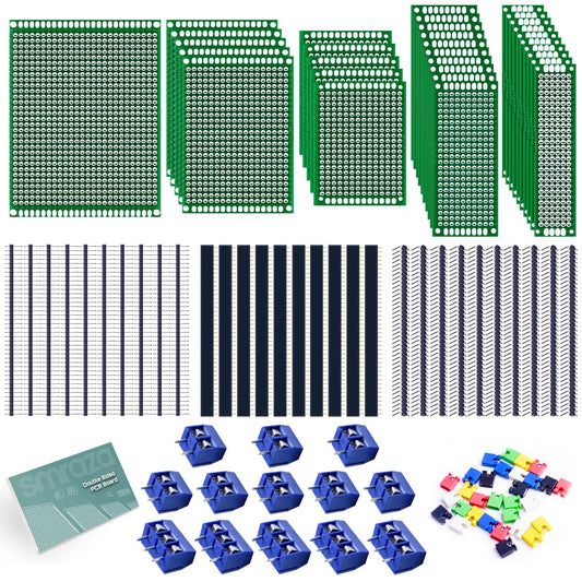 104pcs Double Sided PCB Board Kit, Prototype Boards for DIY Soldering and Electronic Project Circuit Boards Compatible with Arduino Kits, 30PCS 40 Pin 2.54mm Male and Female Header Connector